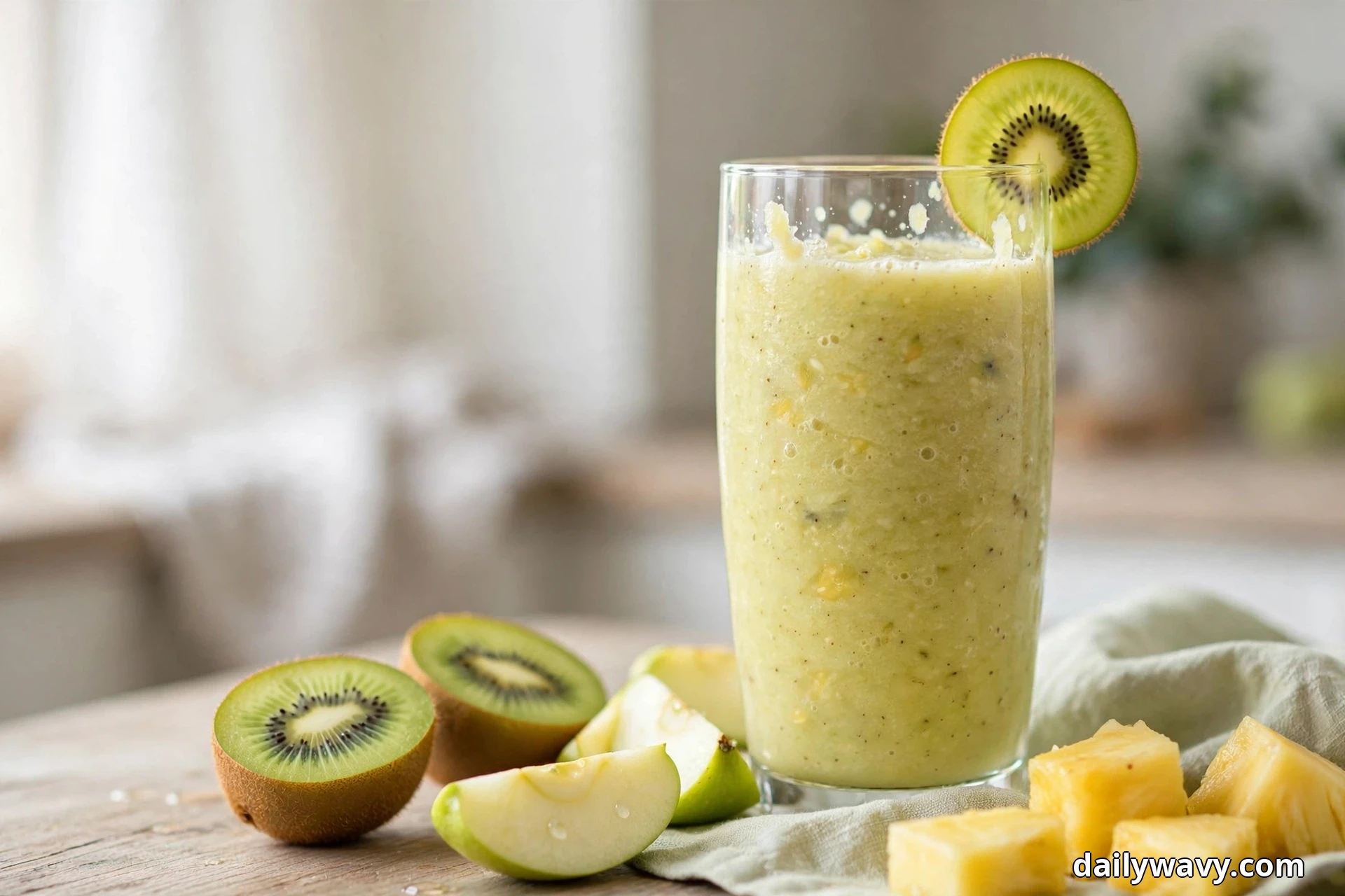 A tall glass of pale green pineapple smoothie with a kiwi wheel on the rim stands on a wooden table beside halved kiwis, green apple slices and pineapple chunks