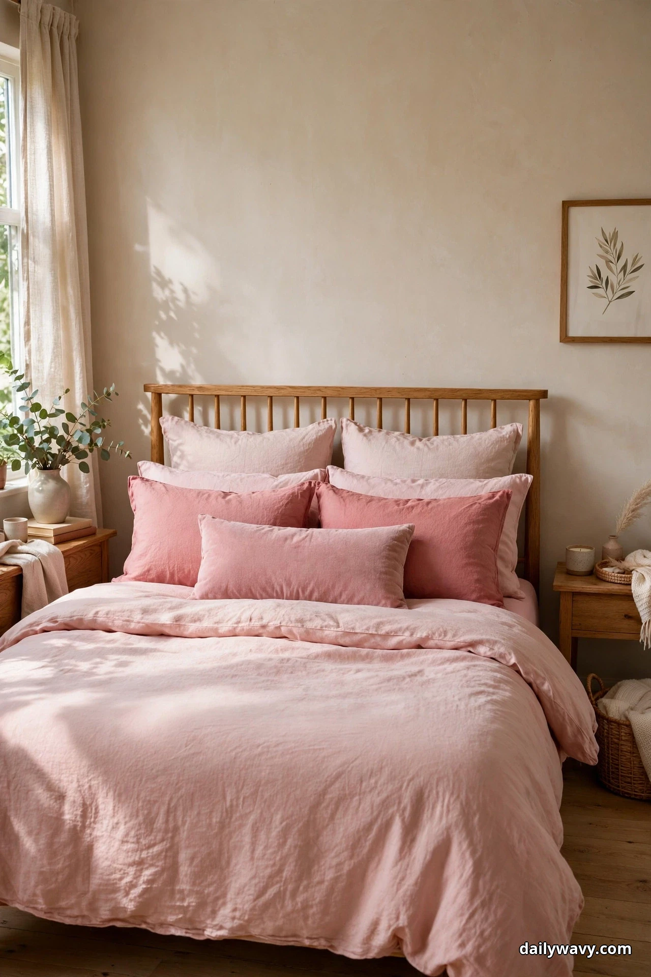 A closer view shows a tonal pillow arrangement layered against a wooden spindle headboard, with pale blush euro shams at the back, deeper rose pillows in front of them, and a pale pink lumbar cushion centered at the front, above a solid blush duvet