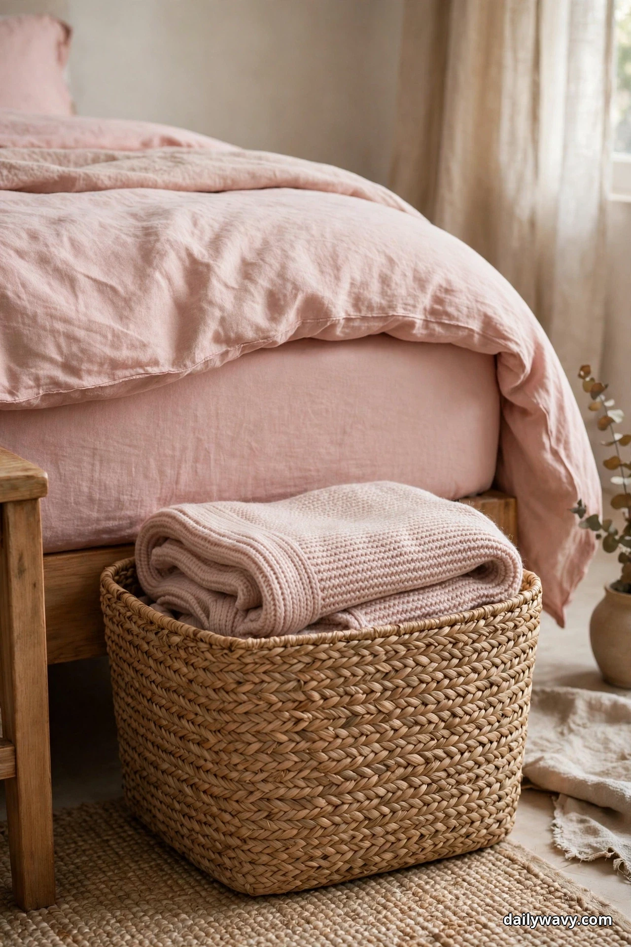 A woven seagrass basket sits at the foot of a bed dressed in blush pink linen, holding a spare blush knit throw folded in thirds