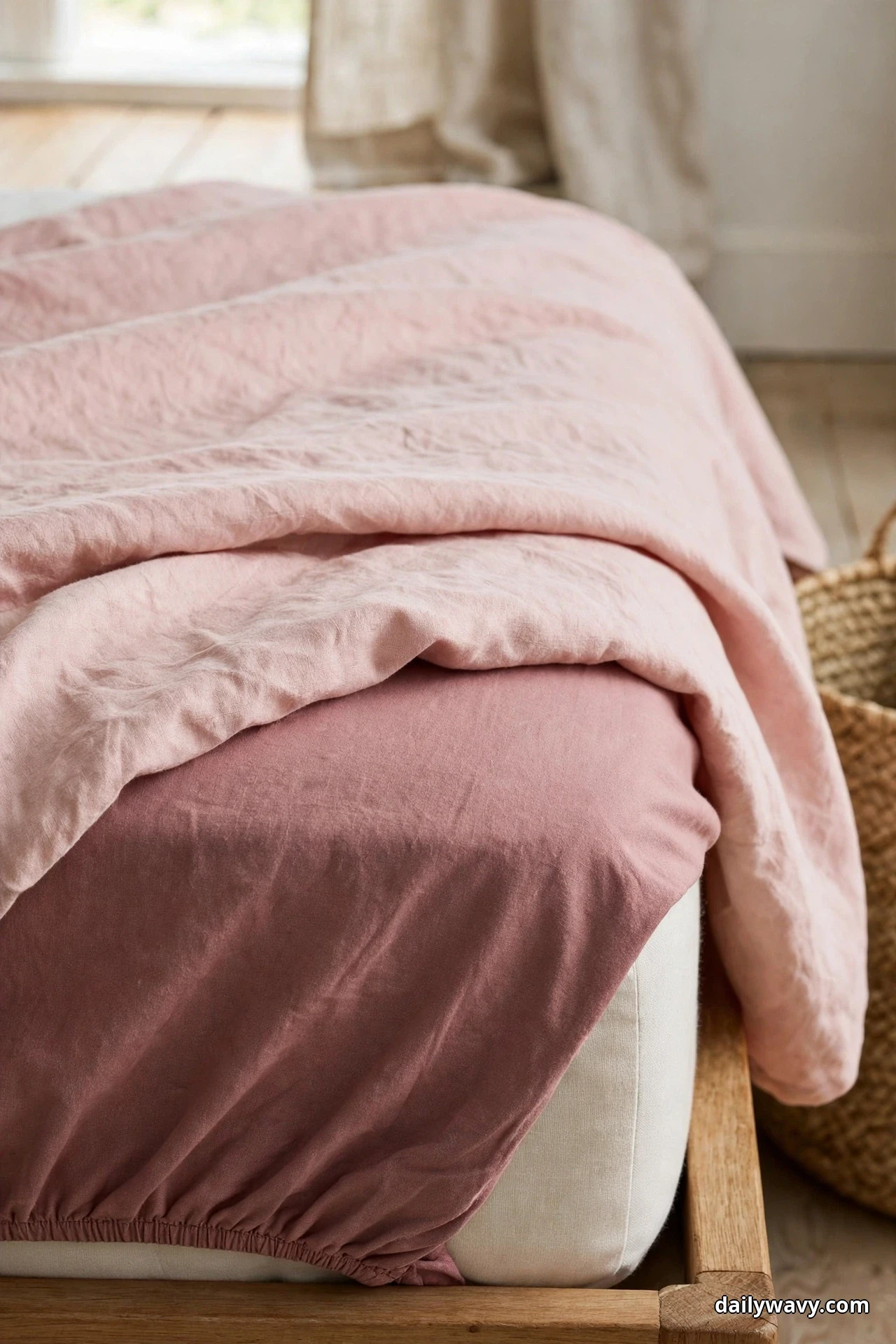 A close view shows a darker dusty rose fitted sheet pulled taut over the corner of a mattress, peeking out beneath a lighter blush duvet folded back above it