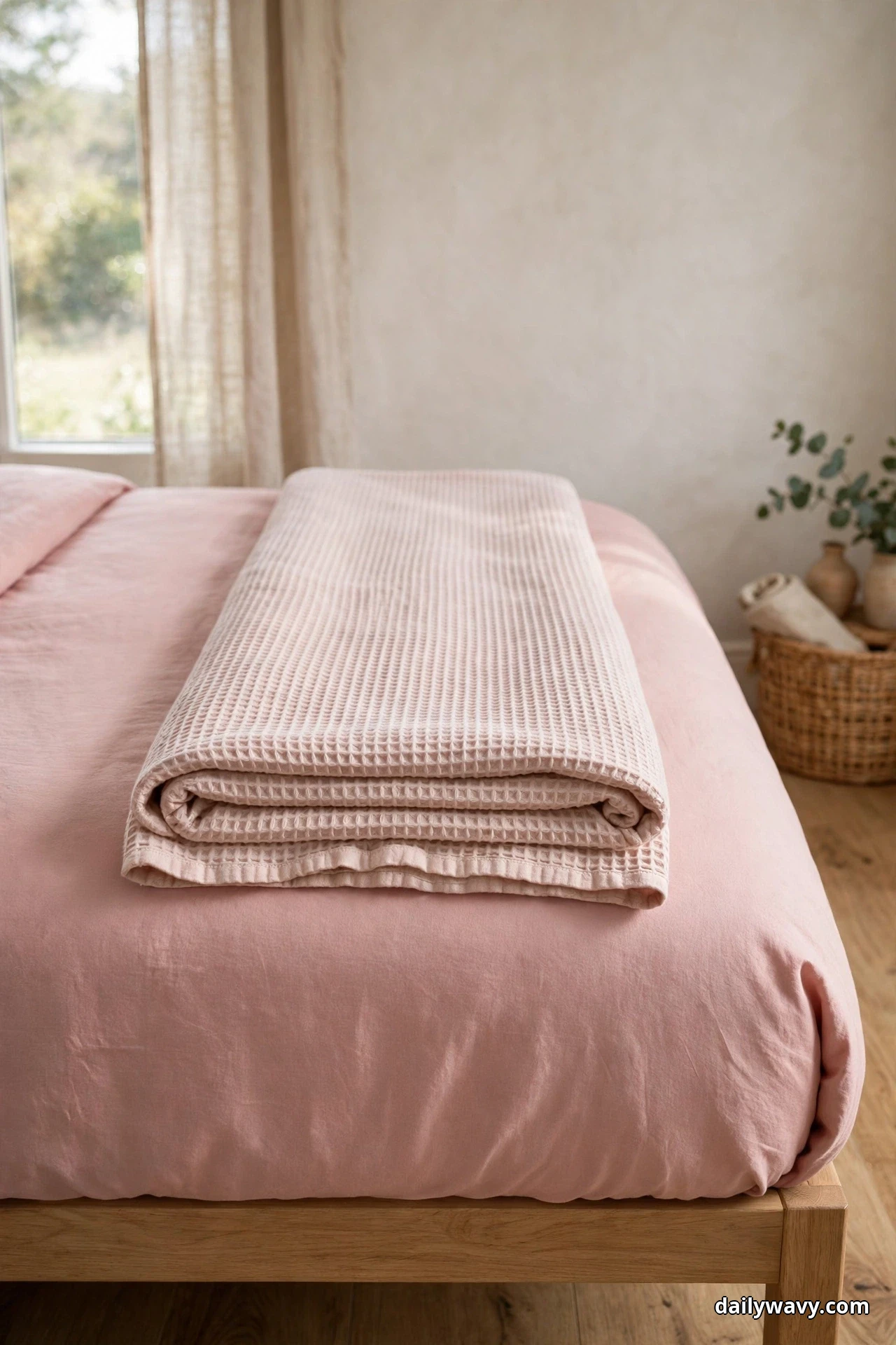A pale blush waffle blanket folded in thirds lies lengthwise across the foot of a bed dressed in smooth pink bedding, its honeycomb grid texture catching the light