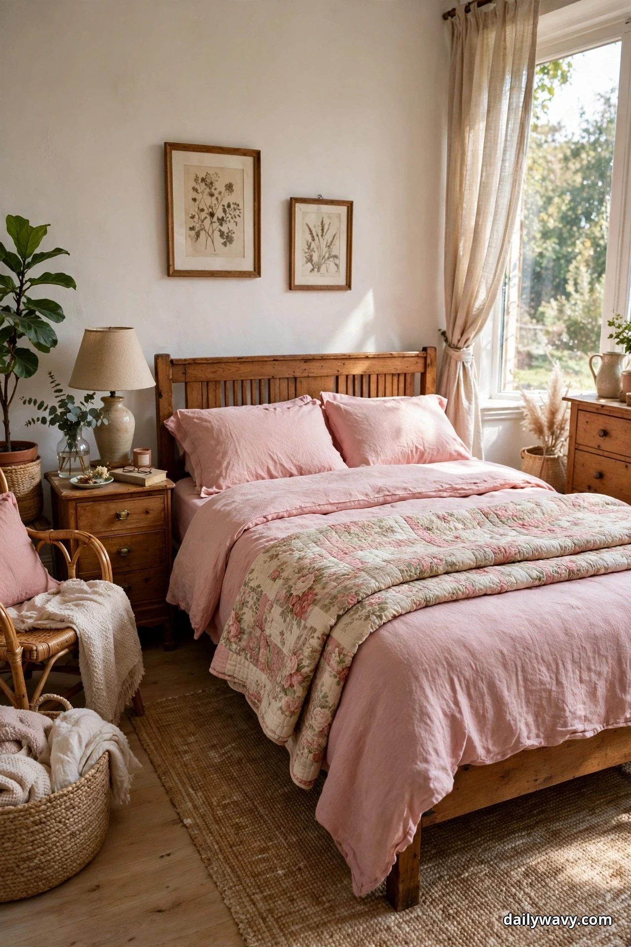 A vintage floral quilt in faded pink roses on a cream ground drapes across the lower half of a bed dressed in pink linen, against a rustic wooden headboard