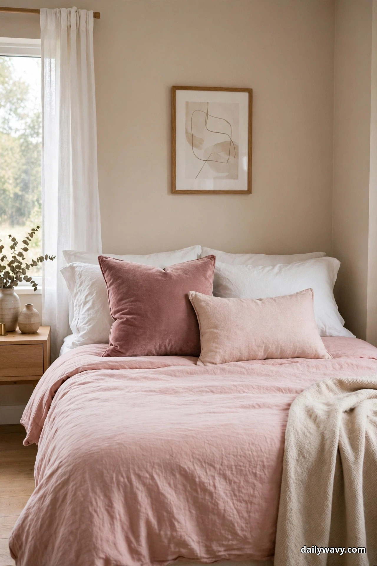 A large dusty rose velvet cushion sits left of center on a bed, with a smaller blush linen lumbar tucked in front of it to the right, against white sleeping pillows and a blush duvet