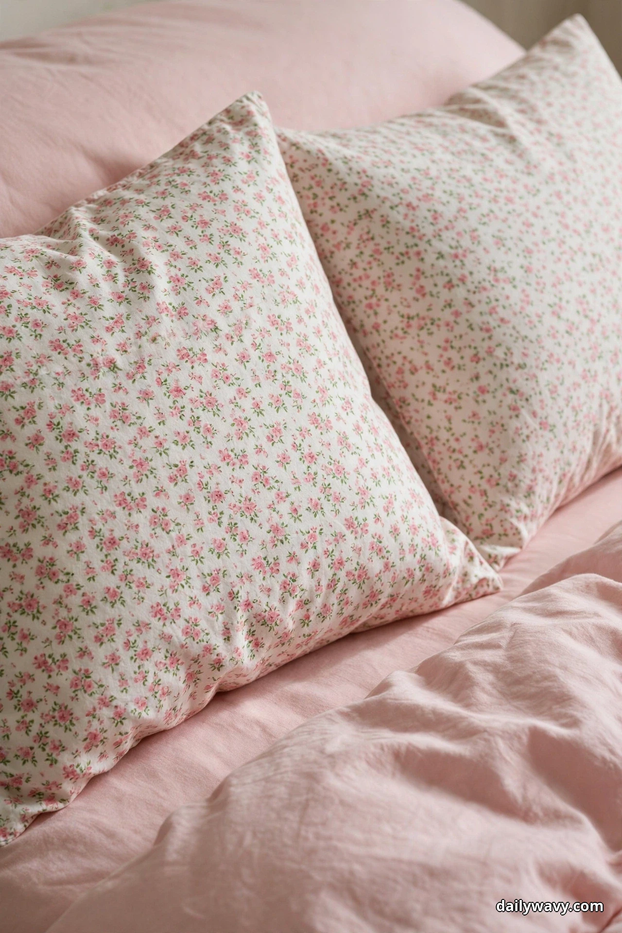 Two pillow shams in a small-scale pink floral print on a cream ground rest against a solid blush duvet in a close view