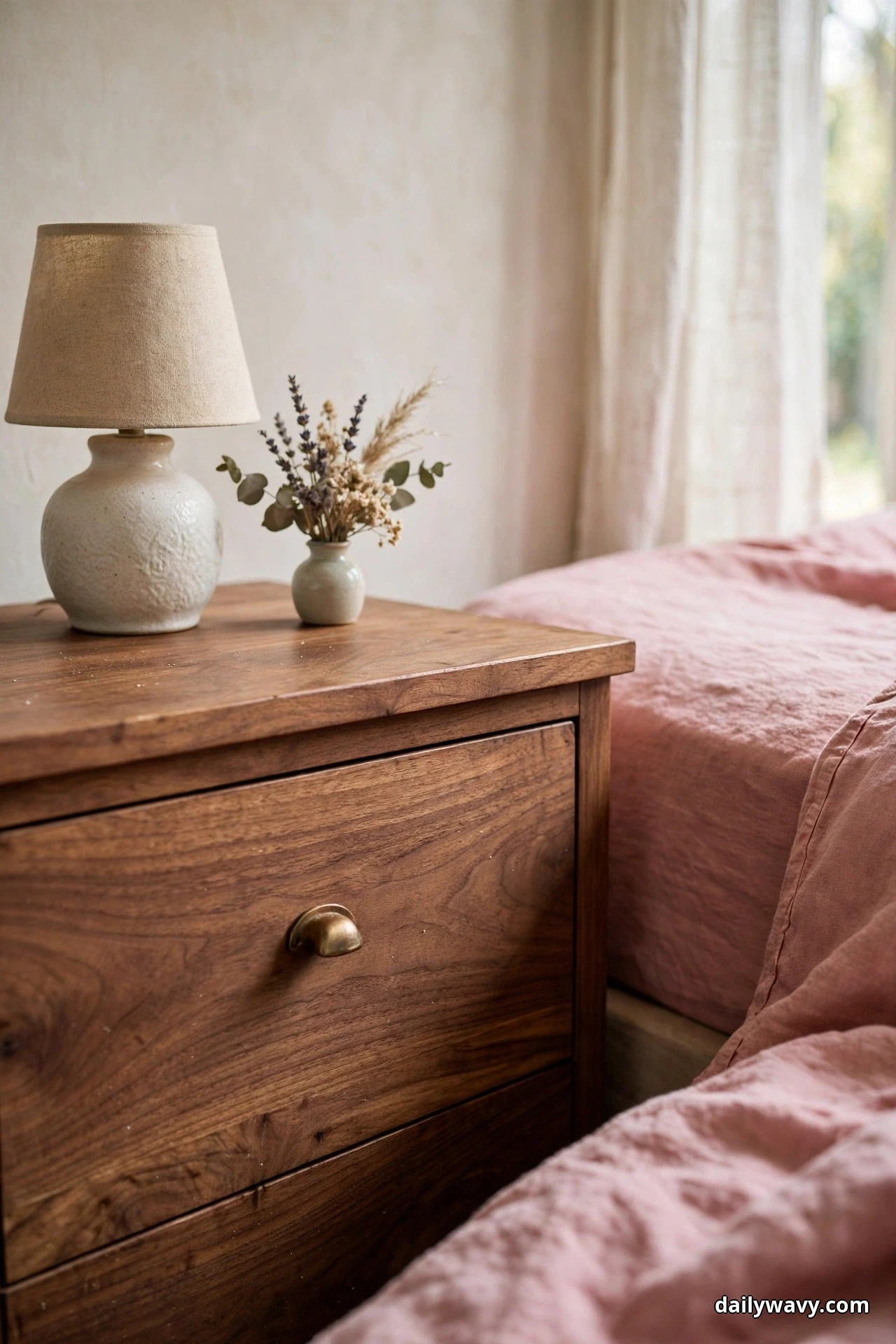 A warm walnut nightstand holds a ceramic lamp with a linen shade and a small vase of dried flowers beside the edge of a pink duvet