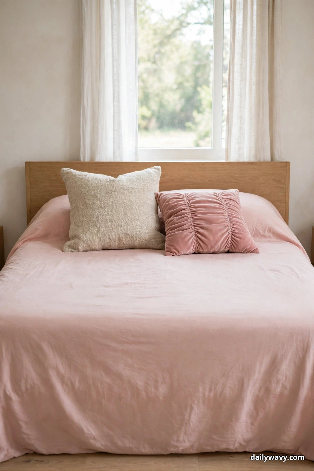 A ruched dusty rose velvet pillow rests on a smooth blush bedspread beside a cream nubby cushion, in front of a light wood headboard beneath a bright window
