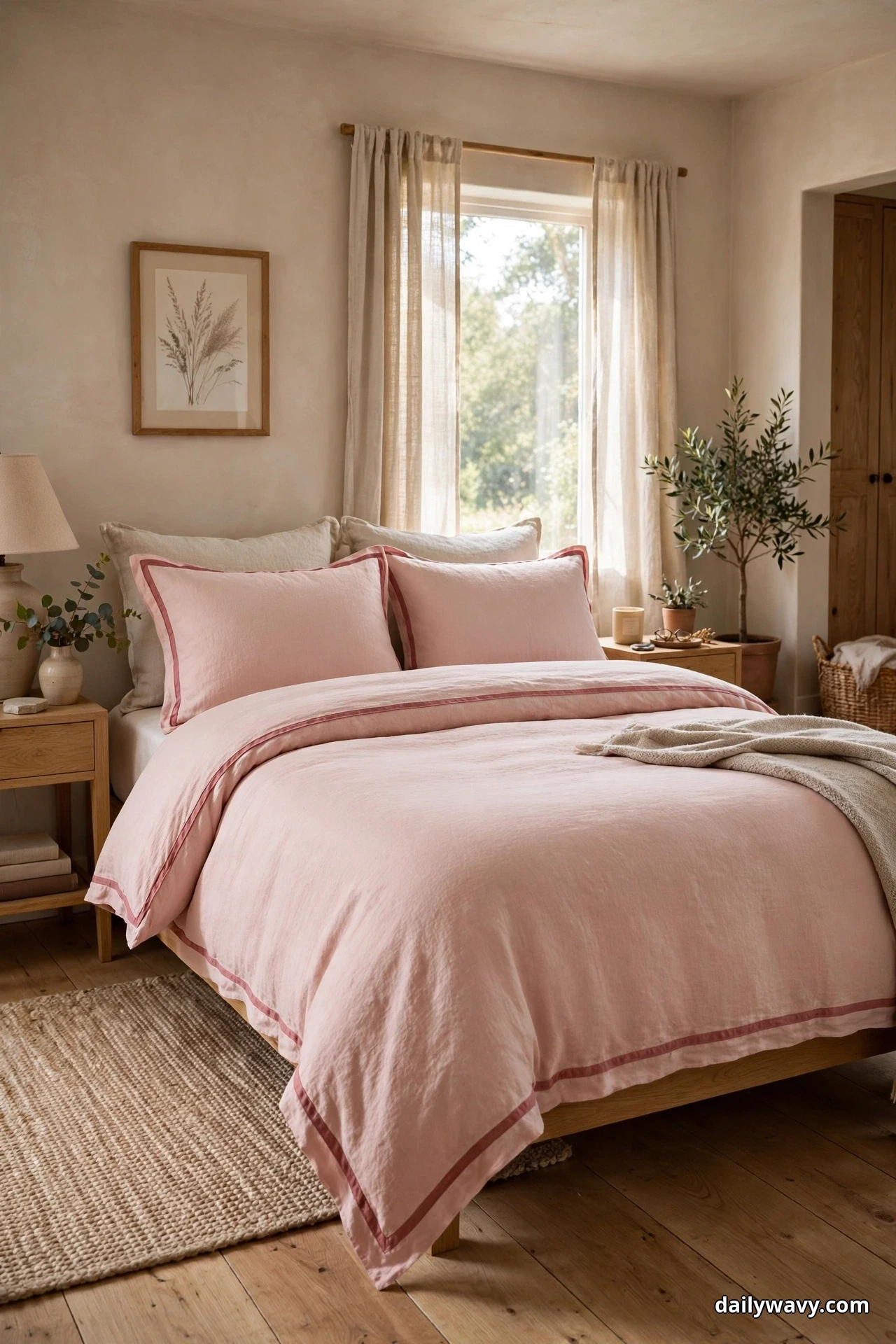 A blush pink duvet cover and matching shams are outlined with deeper rose trim along their edges on a bed in a bright room with linen curtains