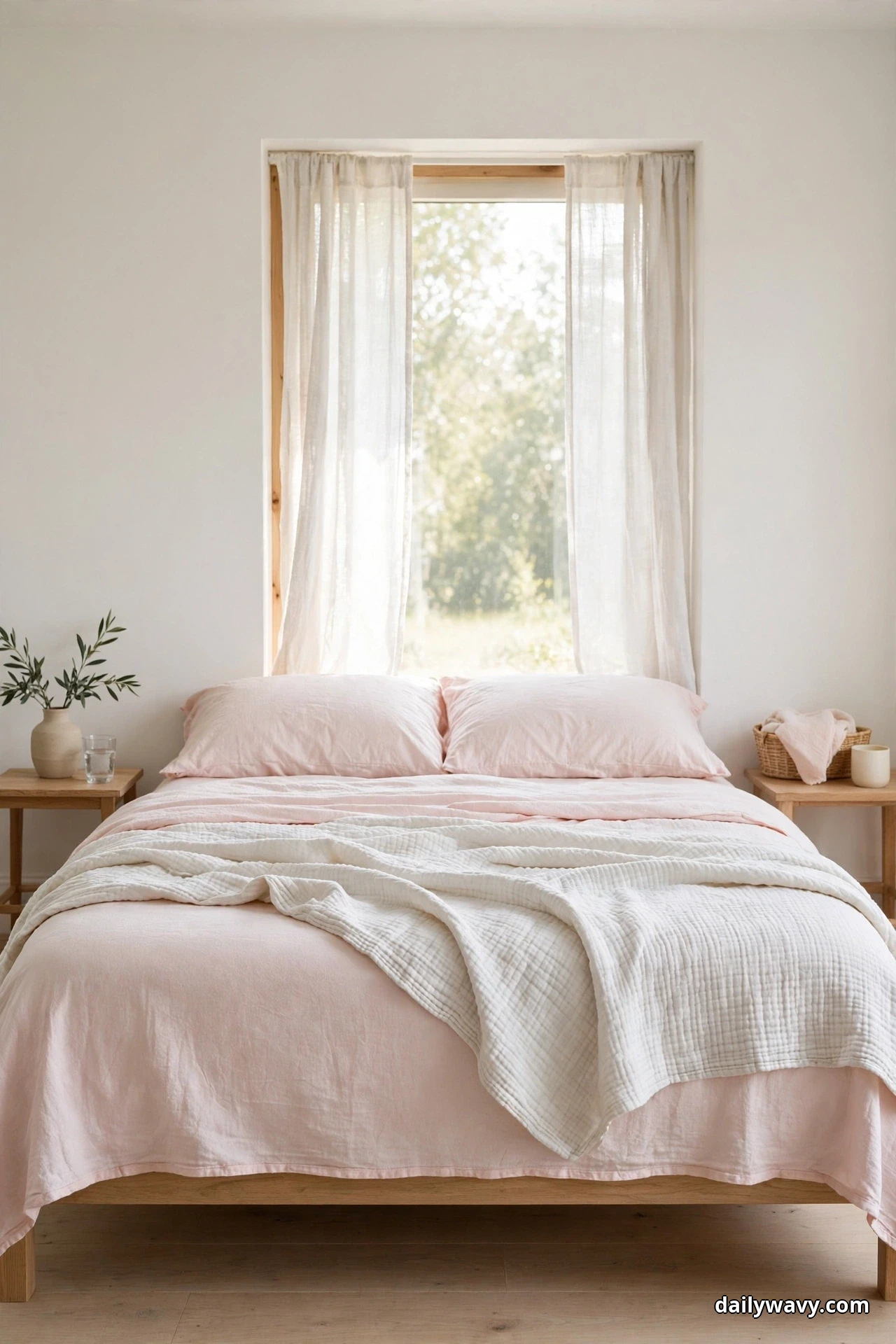 Pale pink sheets and pillows are topped with a light cream quilted coverlet folded back across a bed in a bright room with sheer curtains