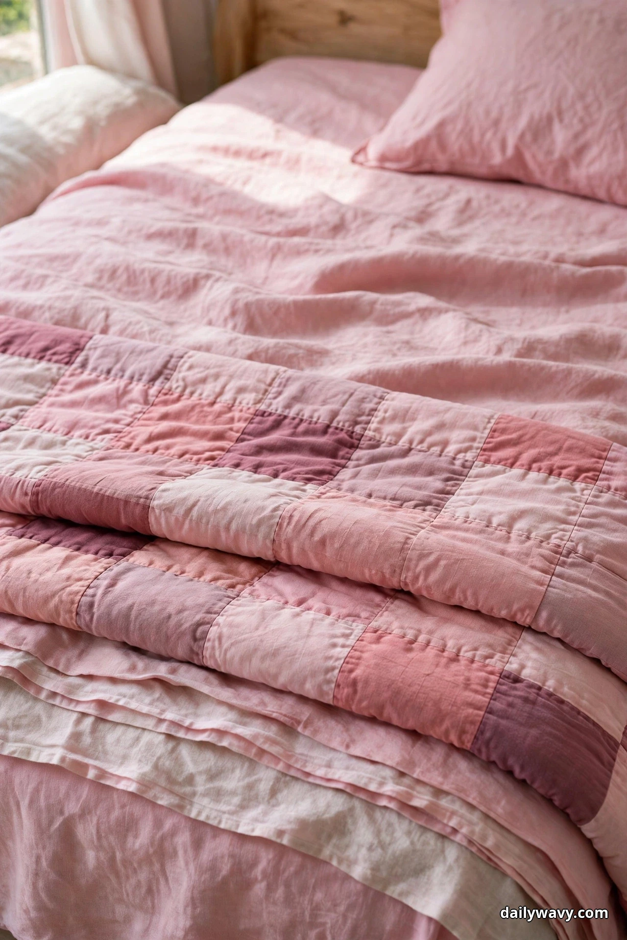 A patchwork quilt in rose, blush, and cream squares is folded into a deep band across the lower third of a bed dressed in a plain pink duvet