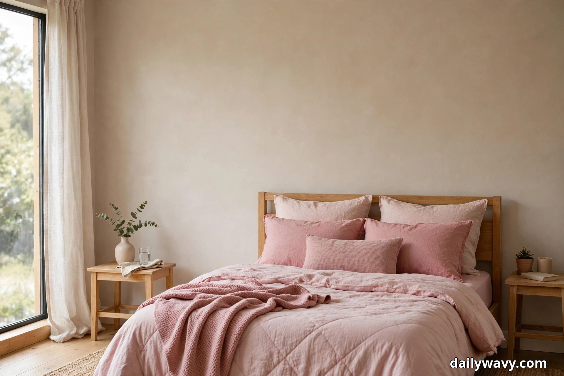 A wide view shows a bed with a light wood headboard dressed in tonal pink pillows, with pale blush shams at the back, deeper rose pillows in the middle, and a small textured lumbar in front, over a pale blush duvet with a dusty pink knit throw draped across the foot, flanked by light wood side tables beside a tall curtained window
