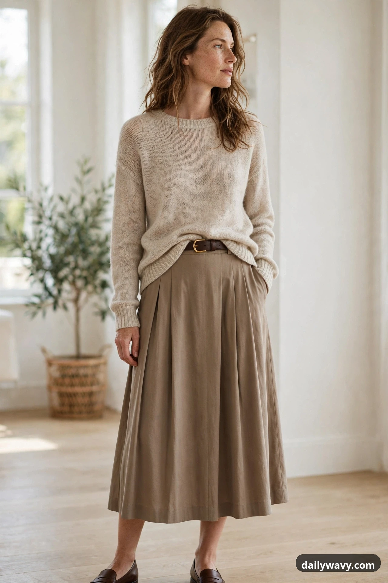 A model wears a relaxed cream knit sweater half-tucked and cinched with a narrow dark belt over a taupe pleated midi skirt, with dark loafers on her feet.