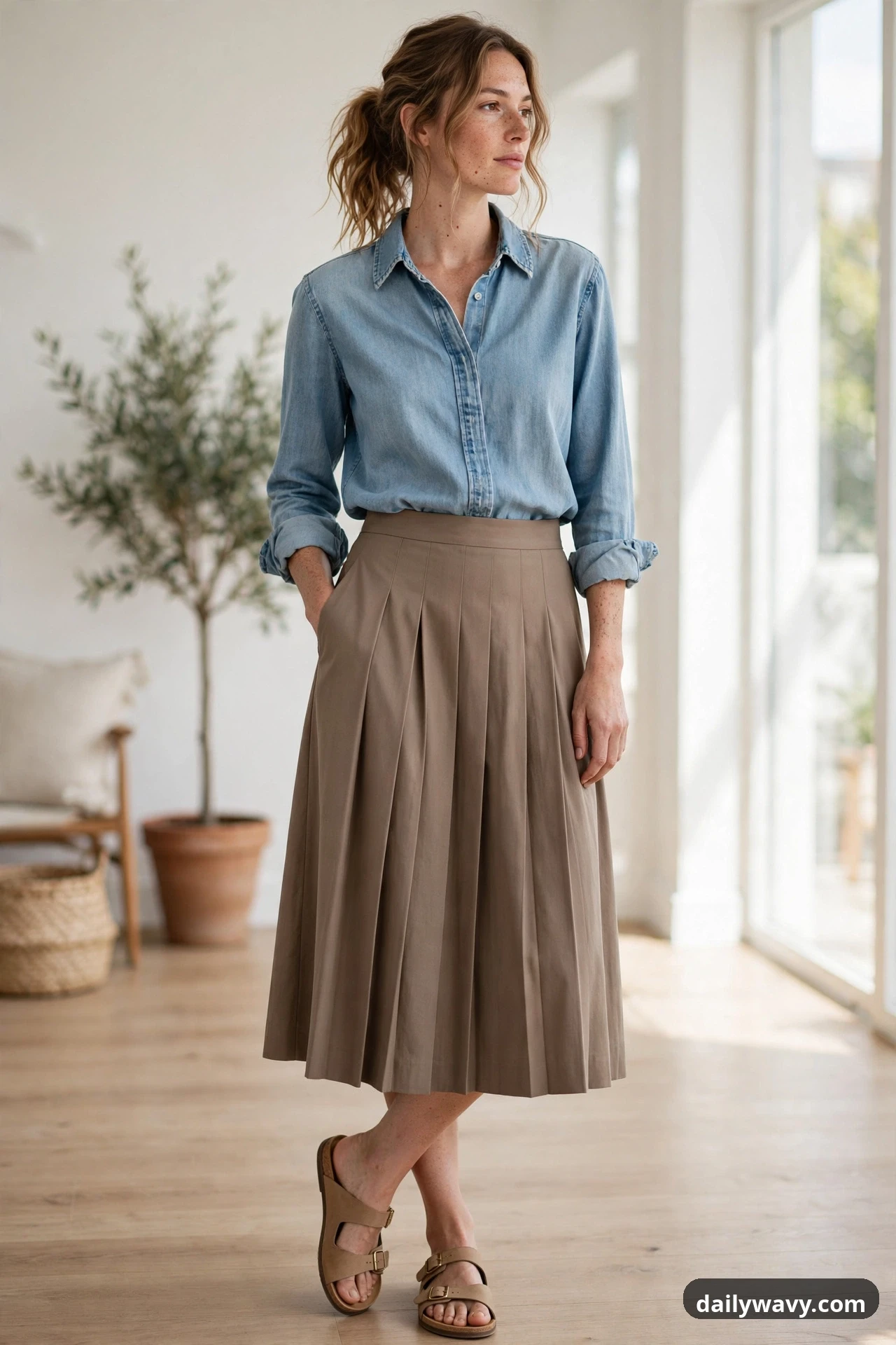 A model wears a light-wash denim shirt with rolled sleeves tucked into a taupe pleated midi skirt, finished with tan flat sandals.