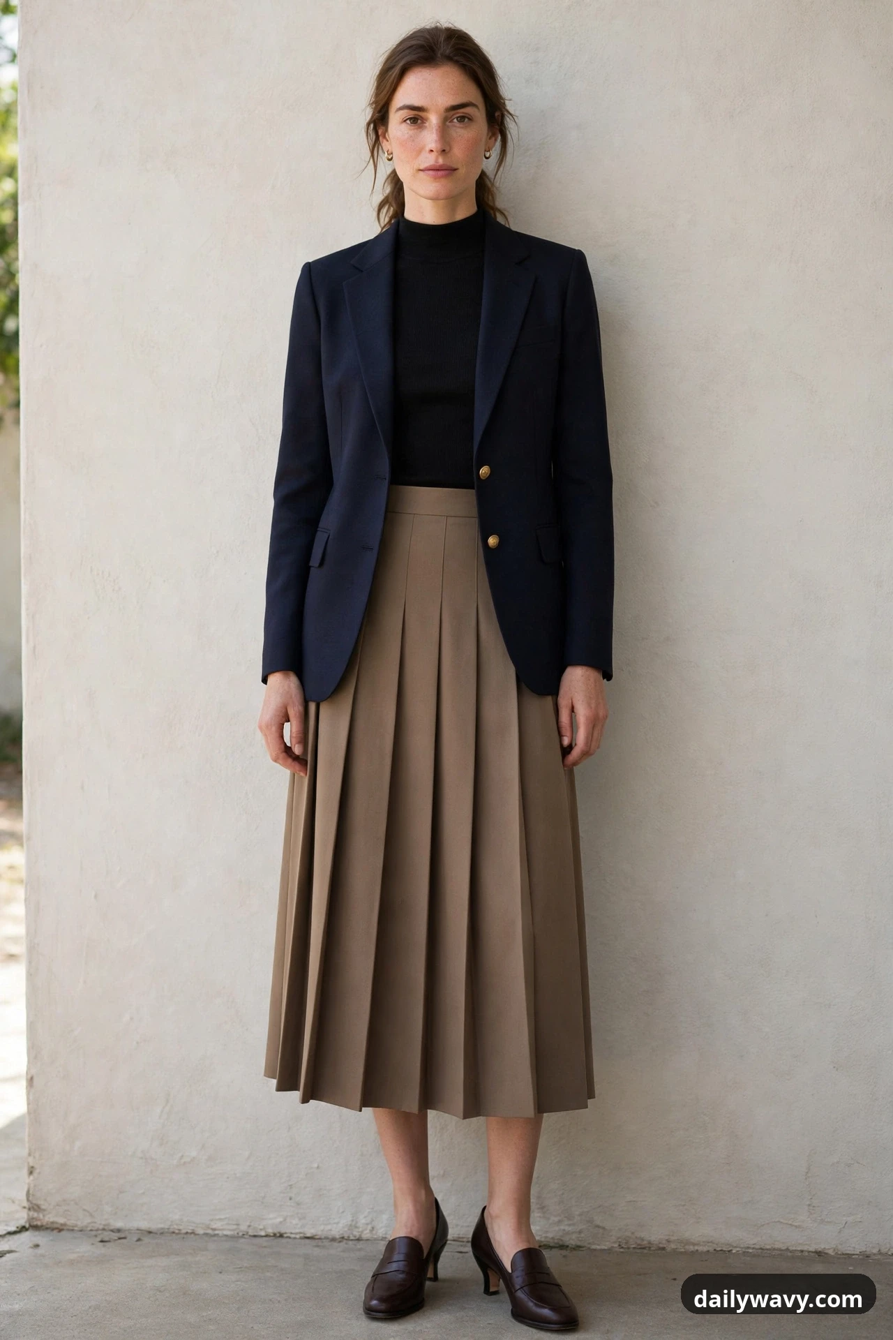 A model wears a black mock-neck top under a navy tailored blazer with a taupe pleated midi skirt and dark brown heeled loafers.
