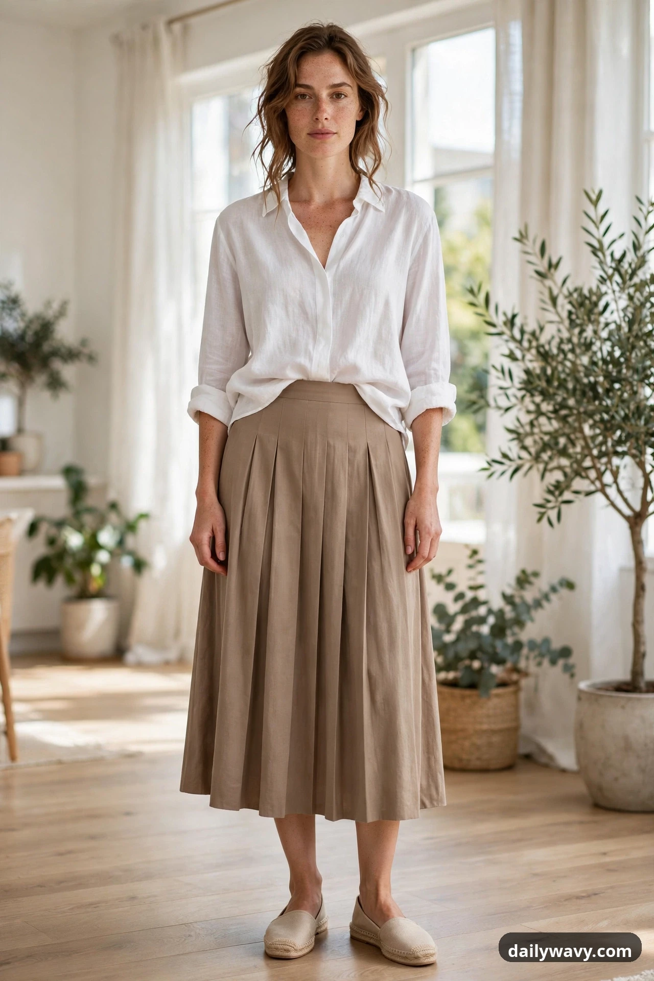 A model wears a white linen blouse loosely tucked into a taupe pleated midi skirt, finished with natural canvas espadrilles.