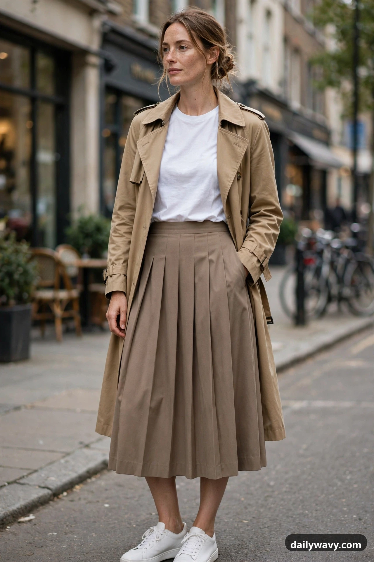A model stands on a city street in a white tee tucked into a taupe pleated midi skirt under a knee-length tan trench coat, wearing white sneakers.