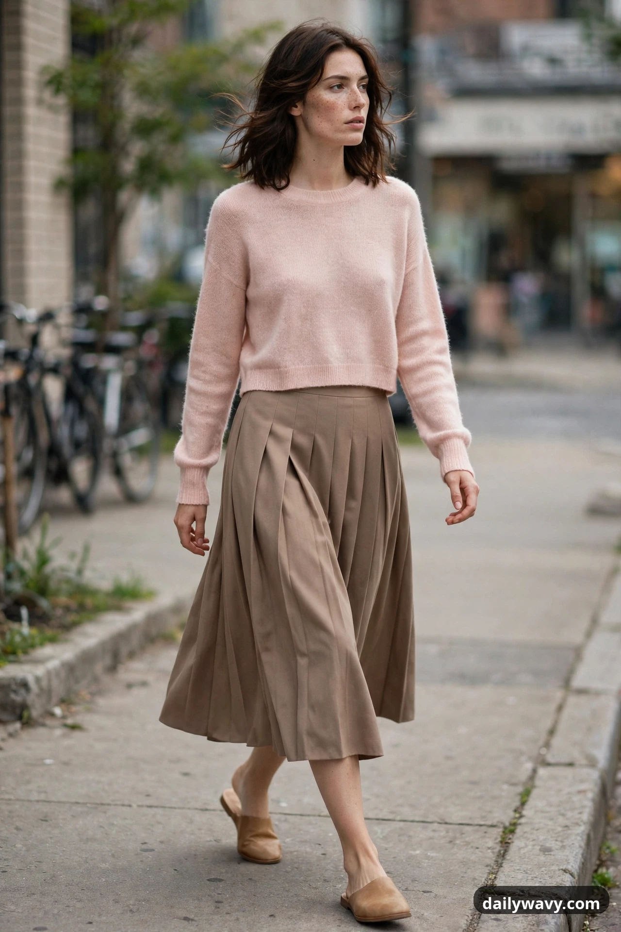 A model walks along a sidewalk in a blush pink cropped sweater that ends at the waistband of a taupe pleated midi skirt, wearing tan flat mules.