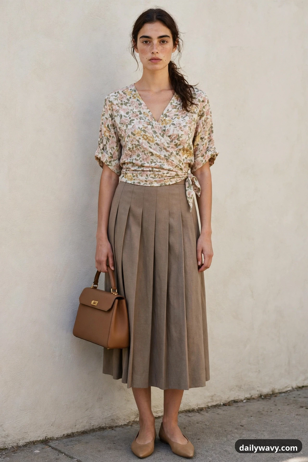 A model wears a floral wrap top tied at the side with a taupe pleated midi skirt and nude pointed flats, carrying a structured tan top-handle bag.
