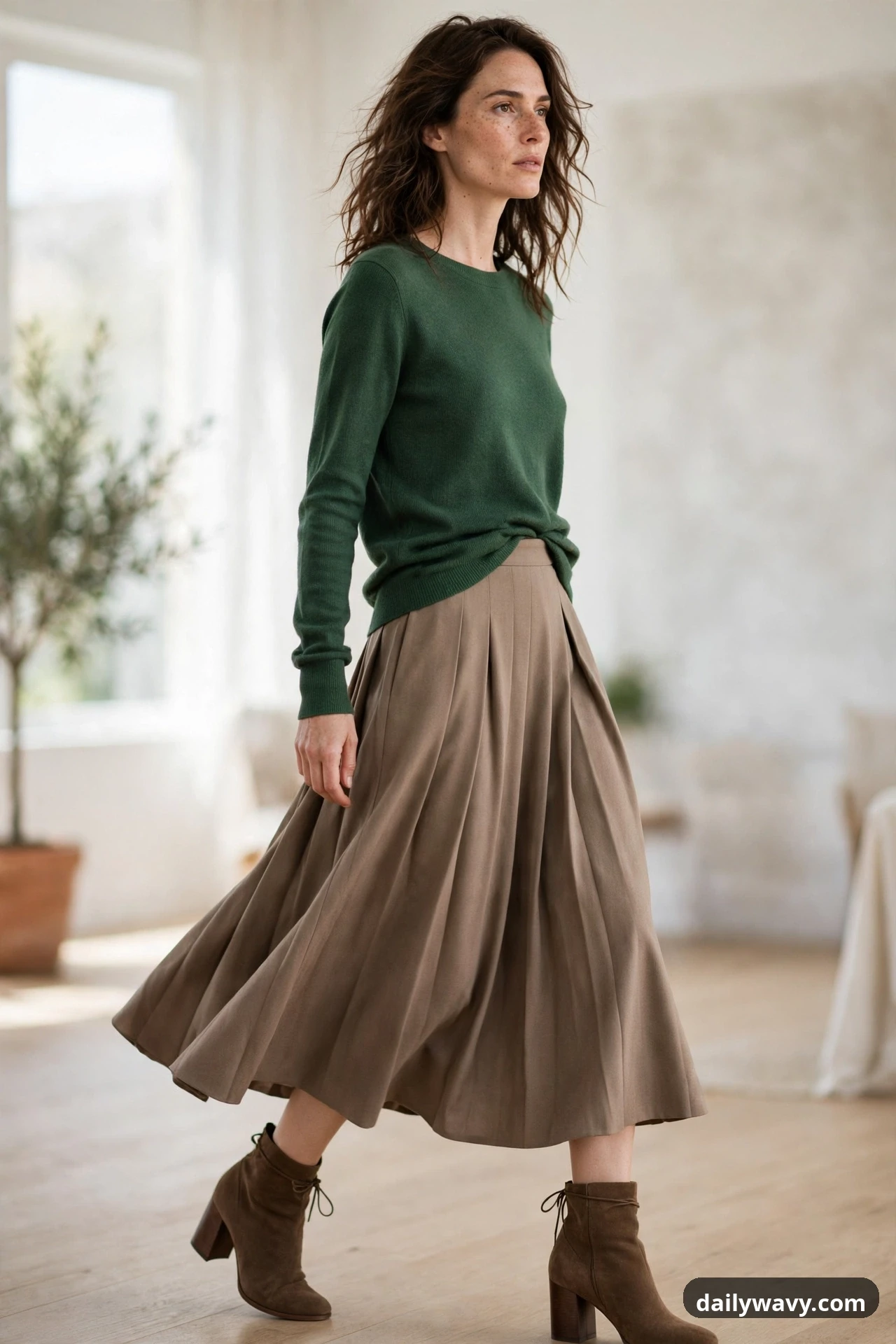 A model wears a forest green fine-gauge sweater with a slight front tuck into a taupe pleated midi skirt, finished with brown suede ankle boots.