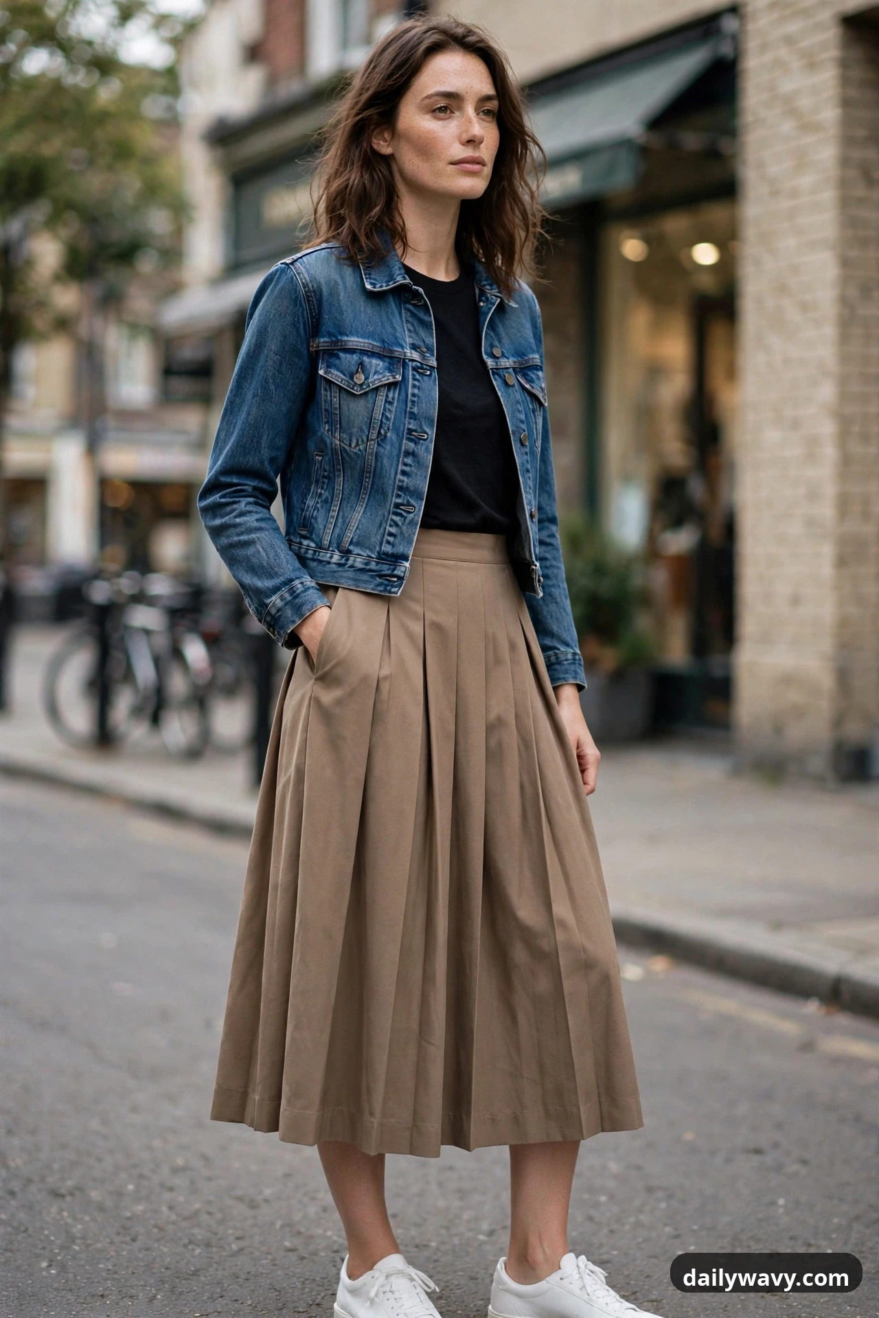 A model stands on a city street in a black tee and a cropped denim jacket with a taupe pleated midi skirt and white low-profile sneakers.