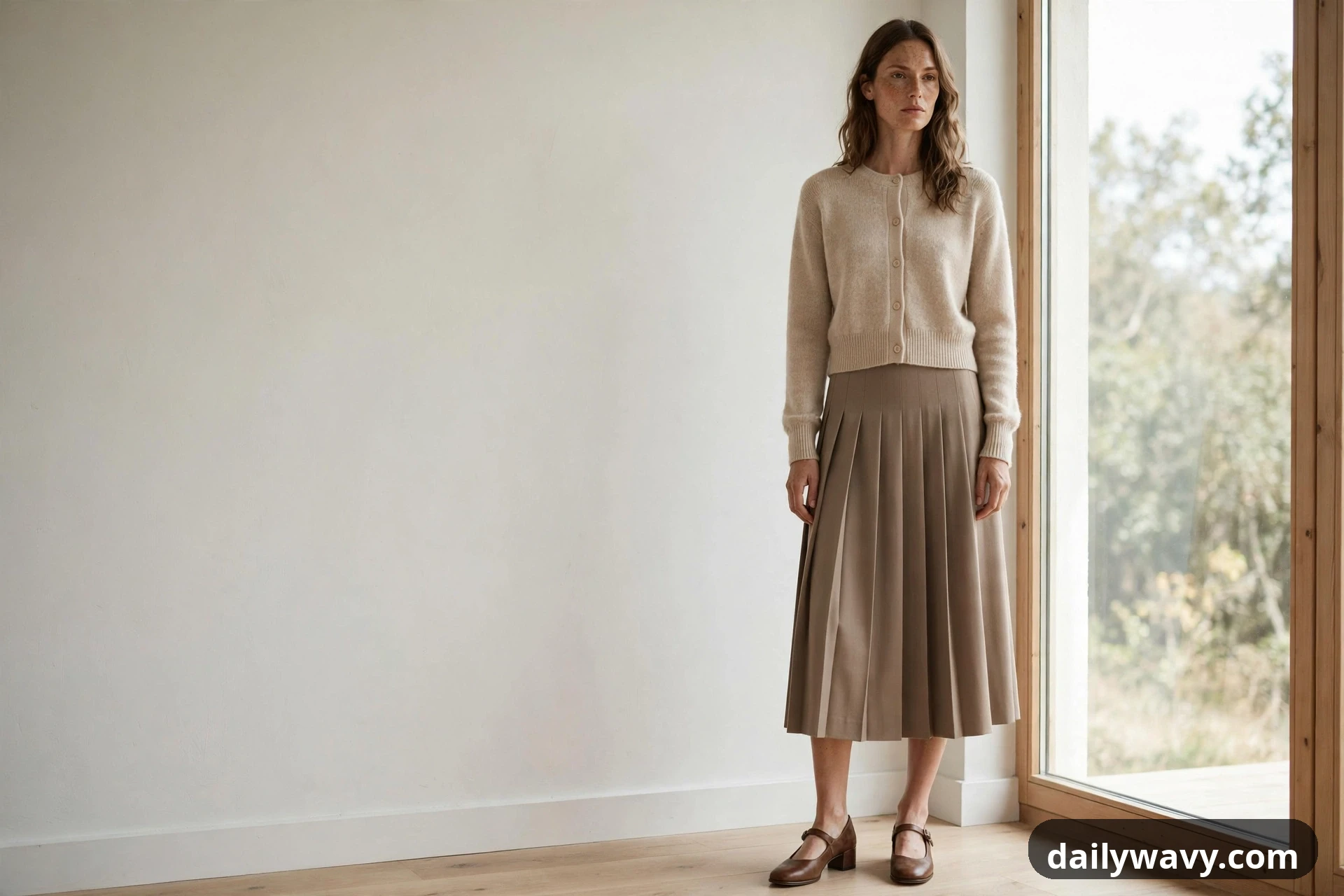 A wide full-length view shows a model standing beside a tall window in a cream cropped cardigan, a taupe knife-pleated midi skirt and brown Mary Jane shoes.