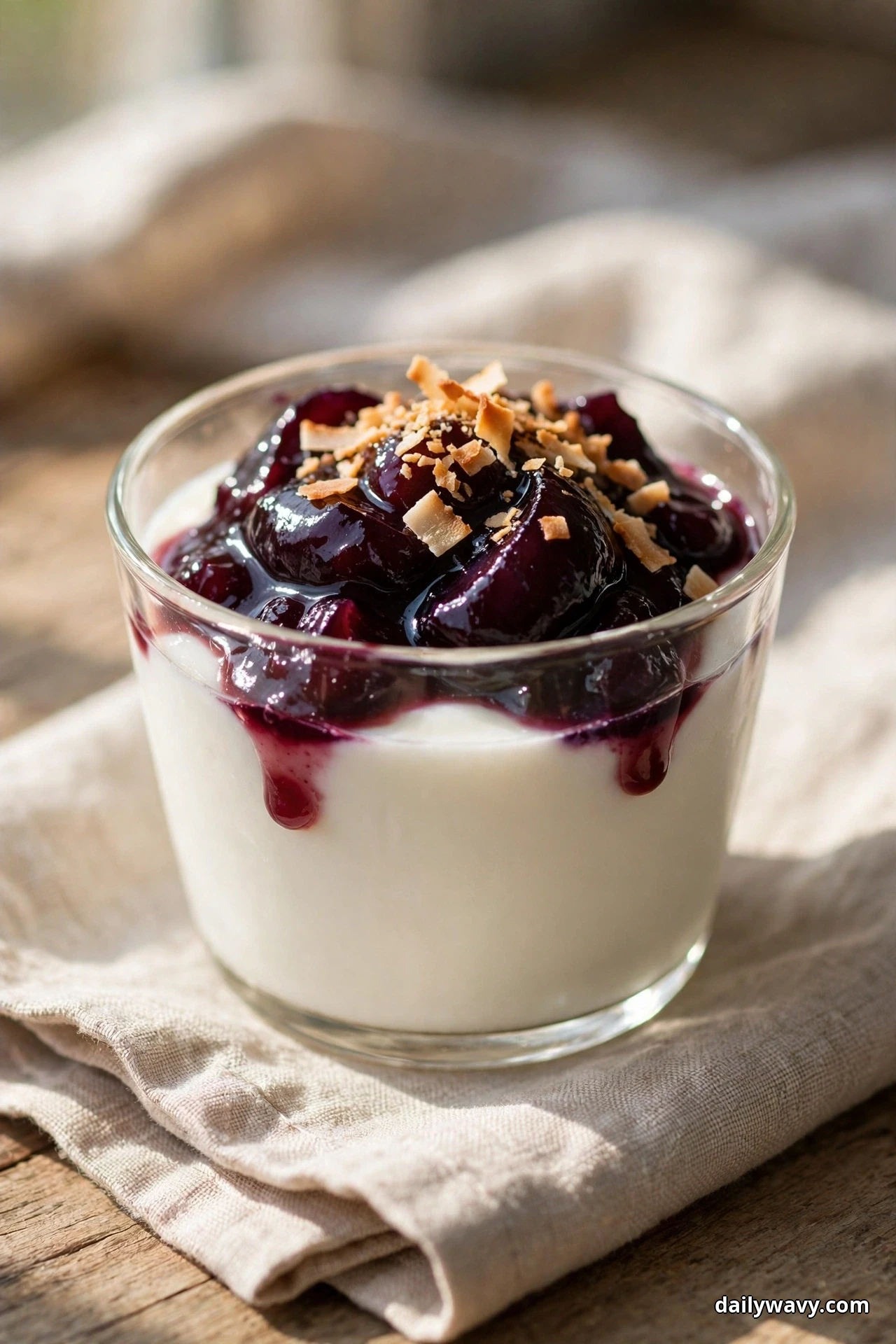 A glass cup of white coconut pudding is topped with glossy plum compote and a sprinkle of toasted coconut flakes
