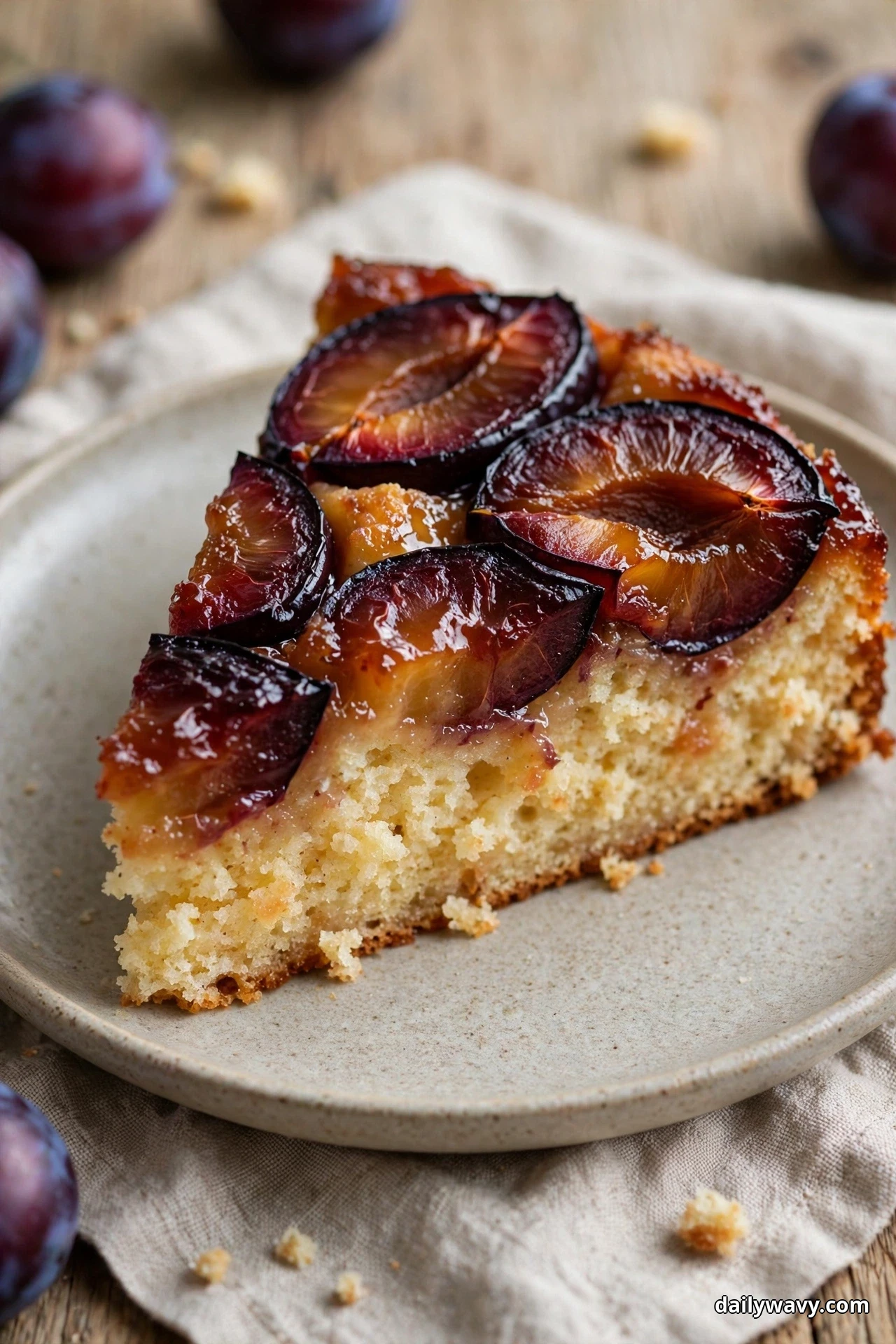 A slice of plum upside-down cake with glossy caramelized plum slices over a pale vanilla crumb sits on a speckled ceramic plate
