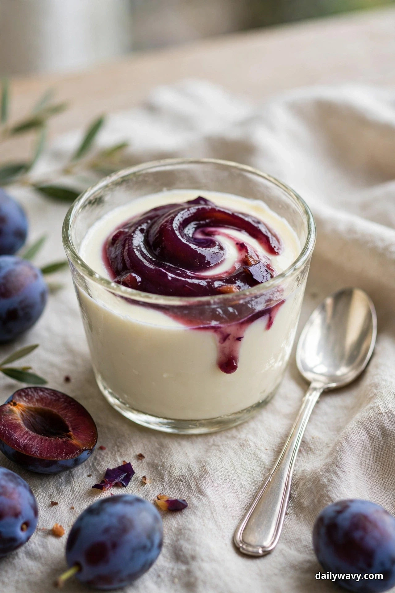 A glass cup of plum panna cotta shows set white cream topped with a swirl of dark plum sauce, a spoon and fresh plums beside it