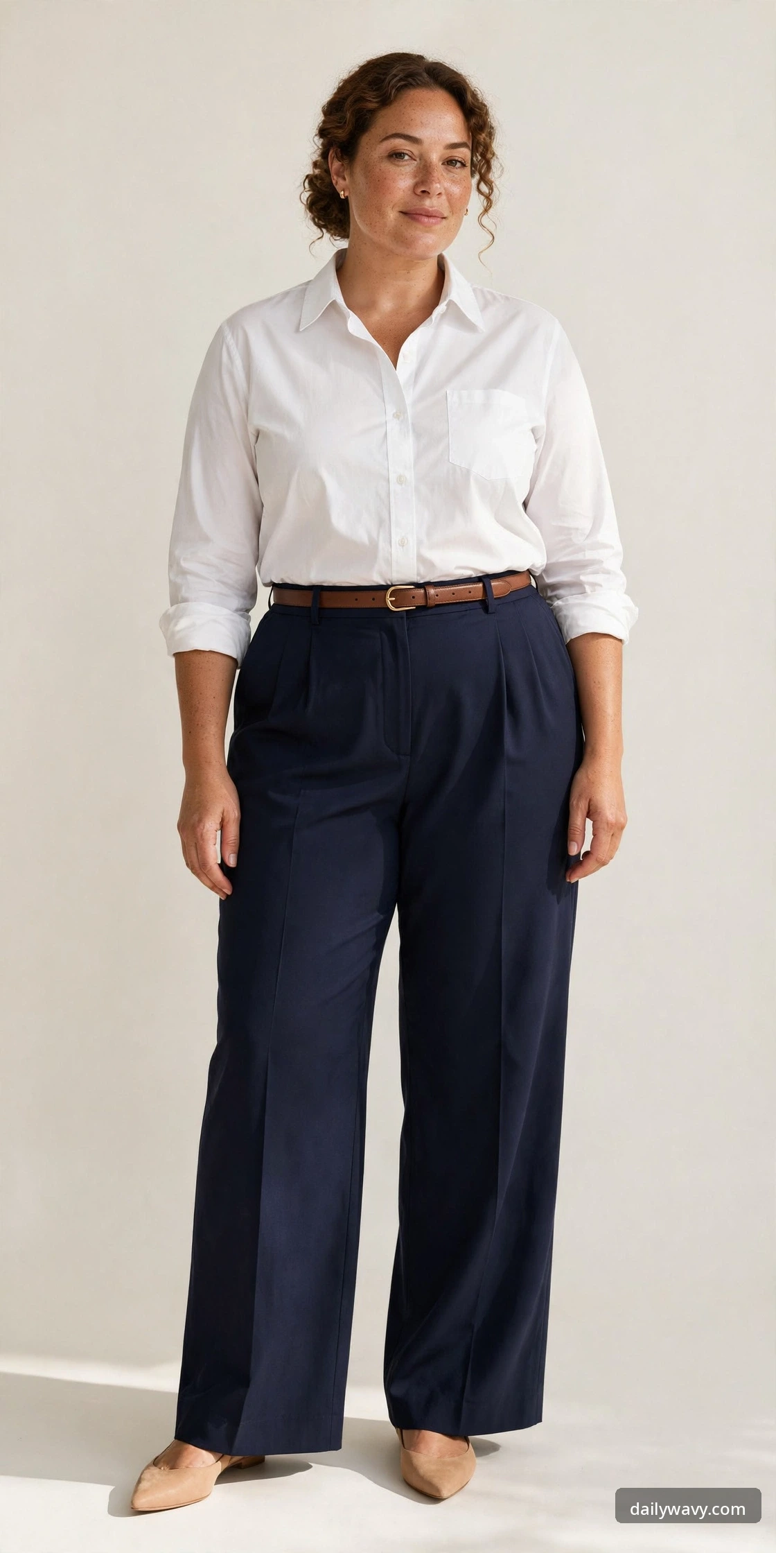 Plus-size woman wearing a well-fitted white button-down shirt with navy wide-leg trousers and pointed flats