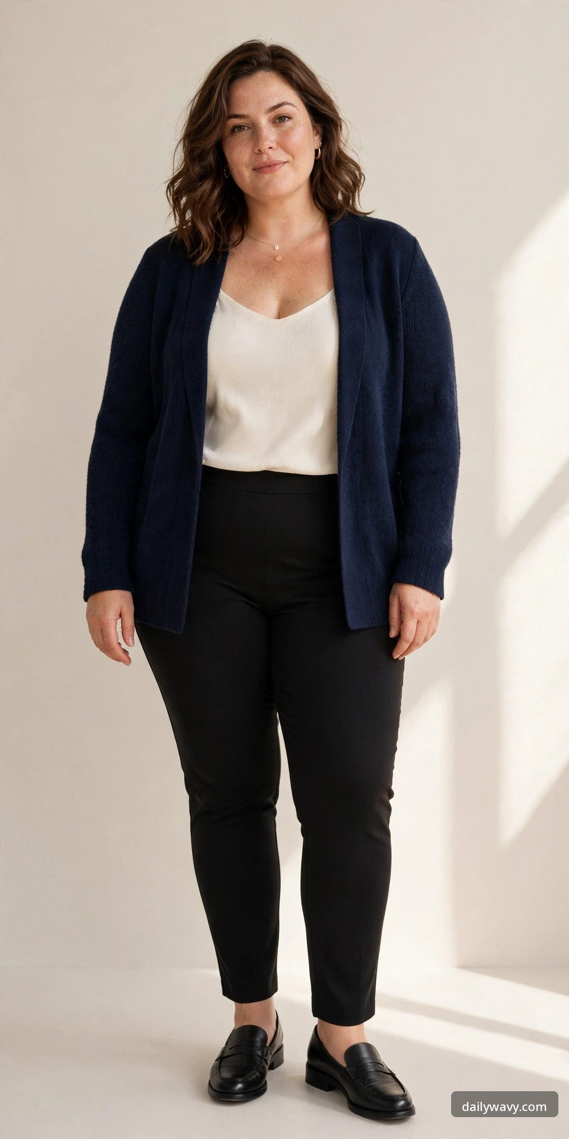 Plus-size woman wearing a navy knit blazer with black ponte pants and loafers