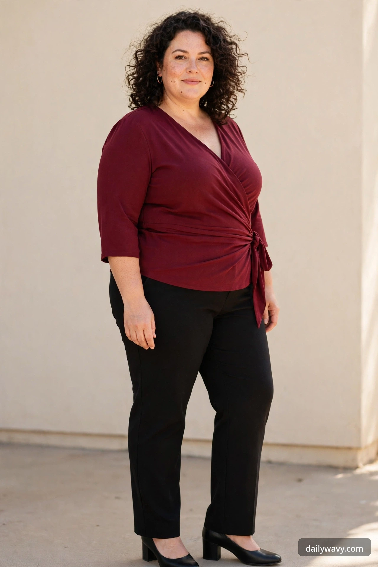 Plus-size woman wearing a burgundy wrap-style blouse with black straight trousers and low heels