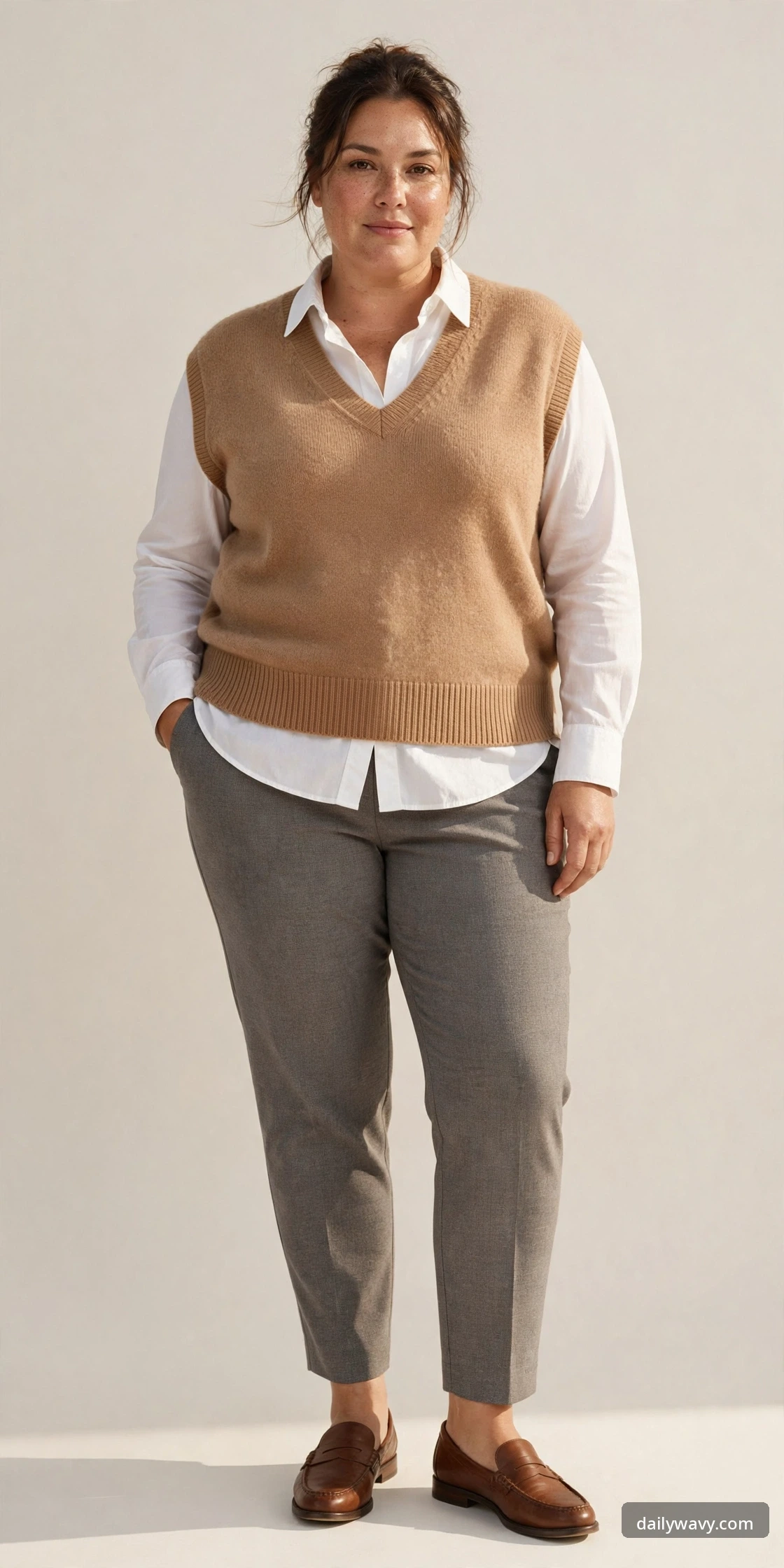 Plus-size woman wearing a camel sweater vest over a white shirt with gray ankle pants