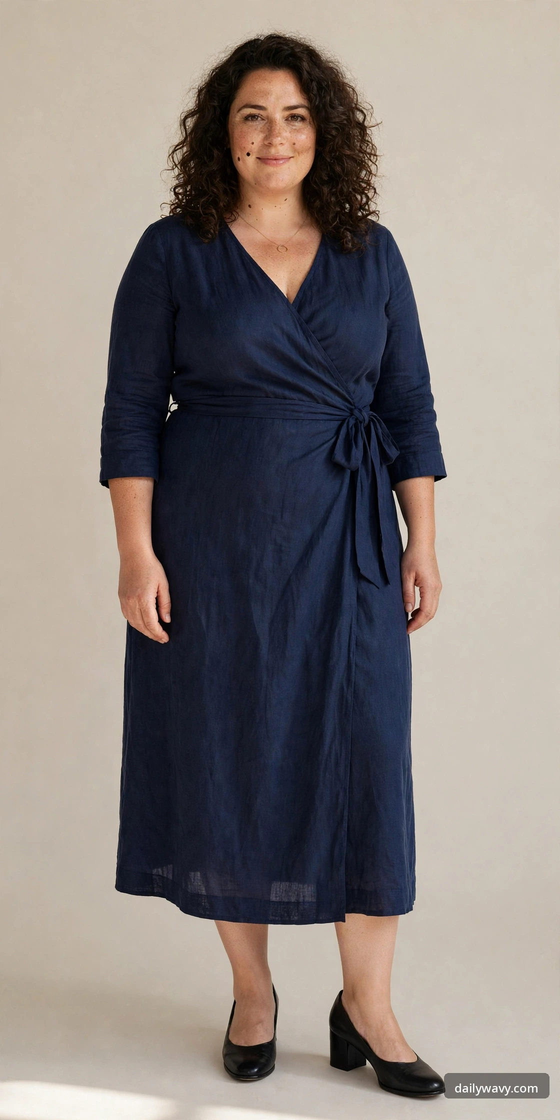 Plus-size woman wearing a navy midi wrap dress with low block heels