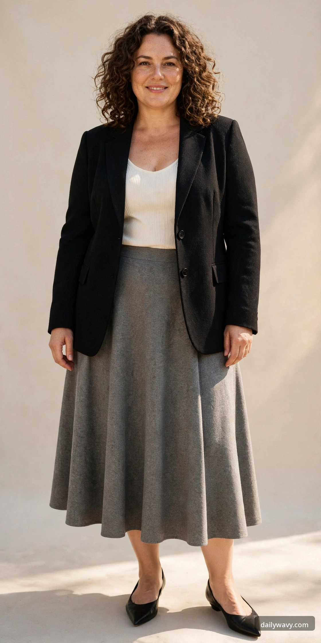 Plus-size woman wearing a black tailored blazer with a gray A-line midi skirt