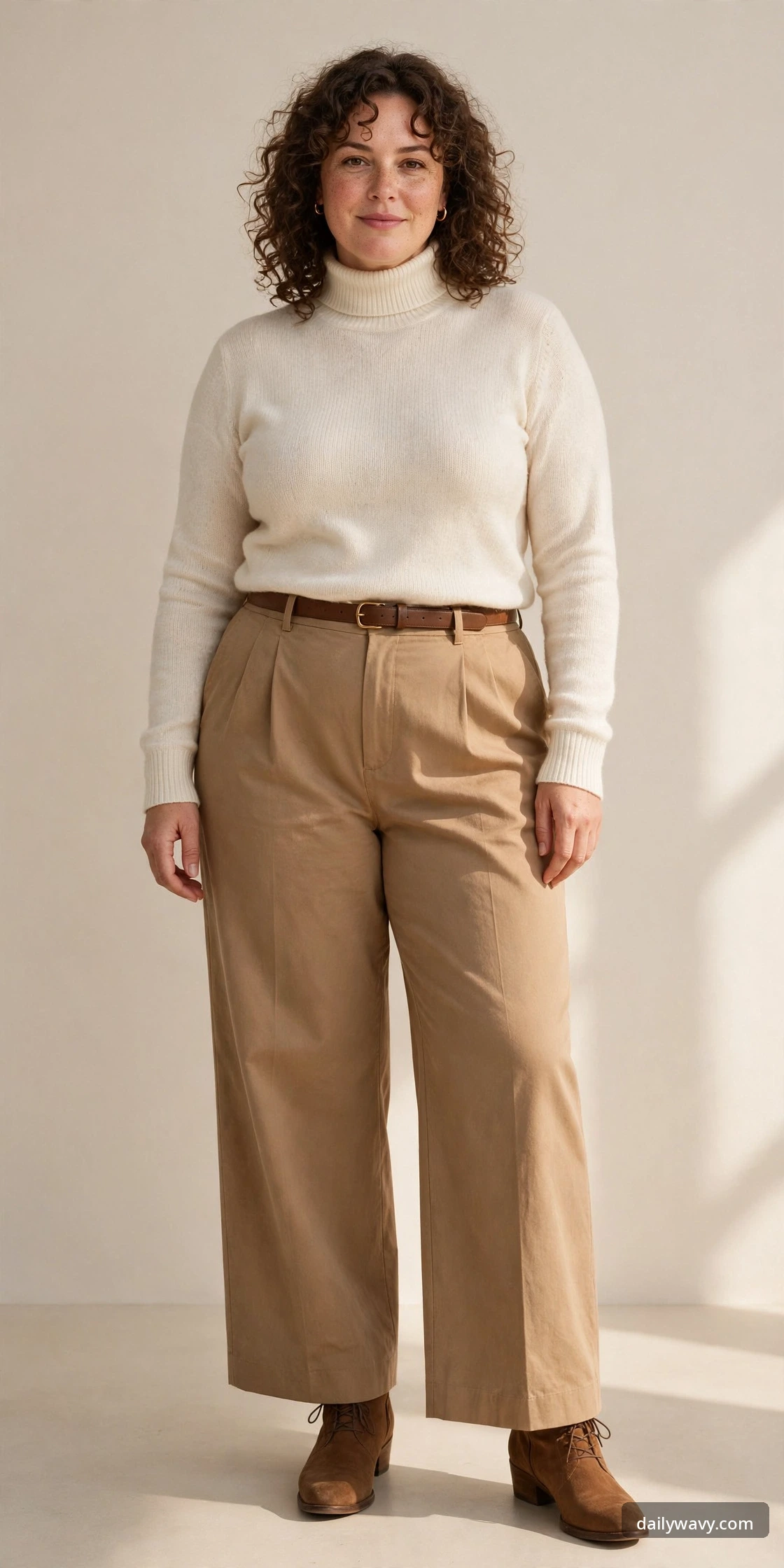 Plus-size woman wearing a cream fine-knit turtleneck with camel wide trousers