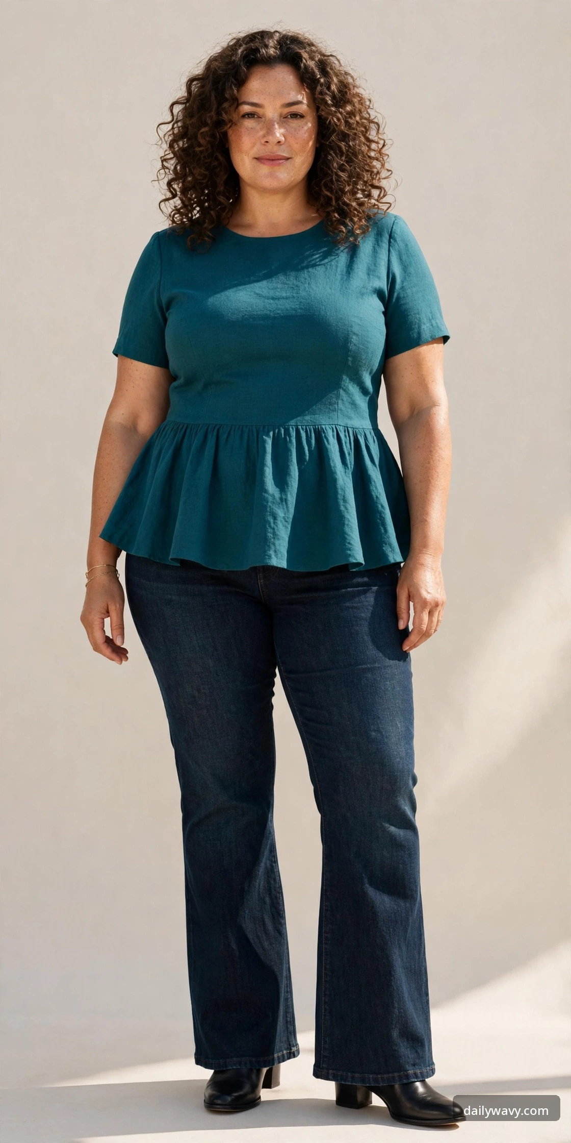 Plus-size woman wearing a teal peplum top with dark bootcut pants