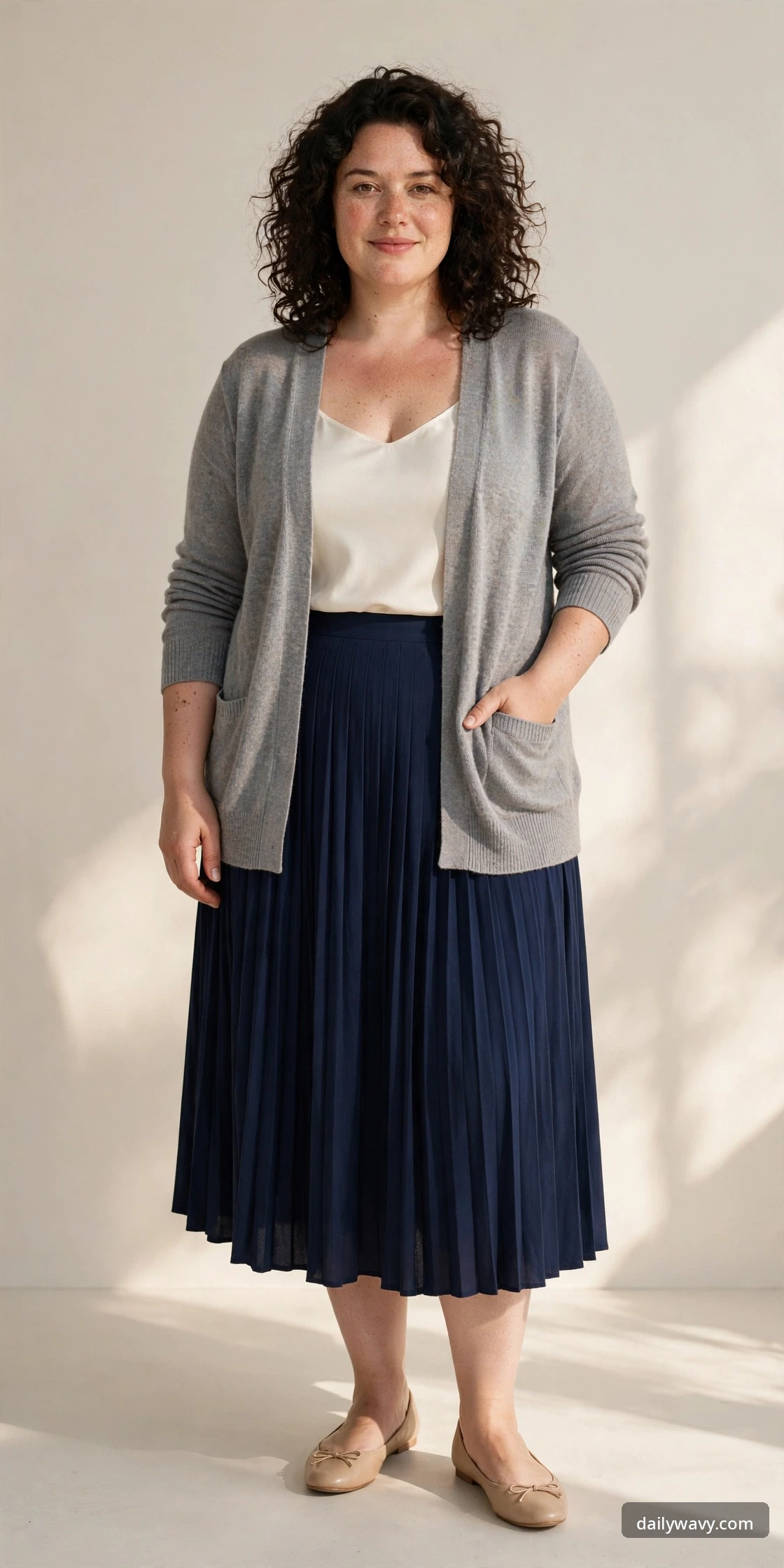 Plus-size woman wearing a soft gray cardigan with a navy pleated midi skirt