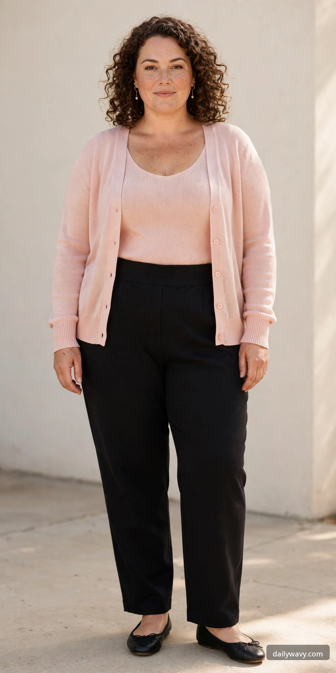 Plus-size woman wearing a blush knit twinset with black pull-on trousers