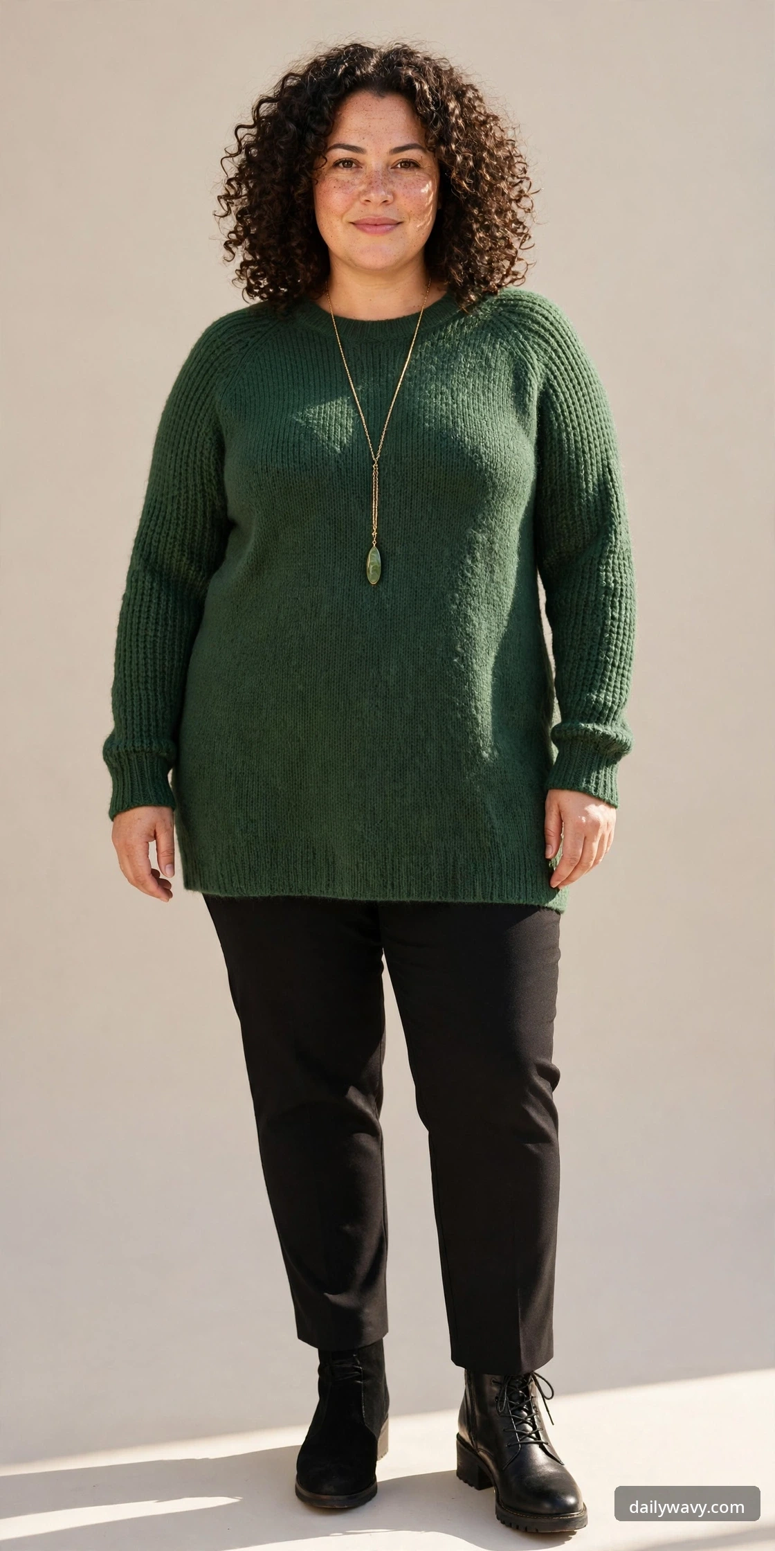 Plus-size woman wearing a forest green tunic sweater with black tailored ankle pants