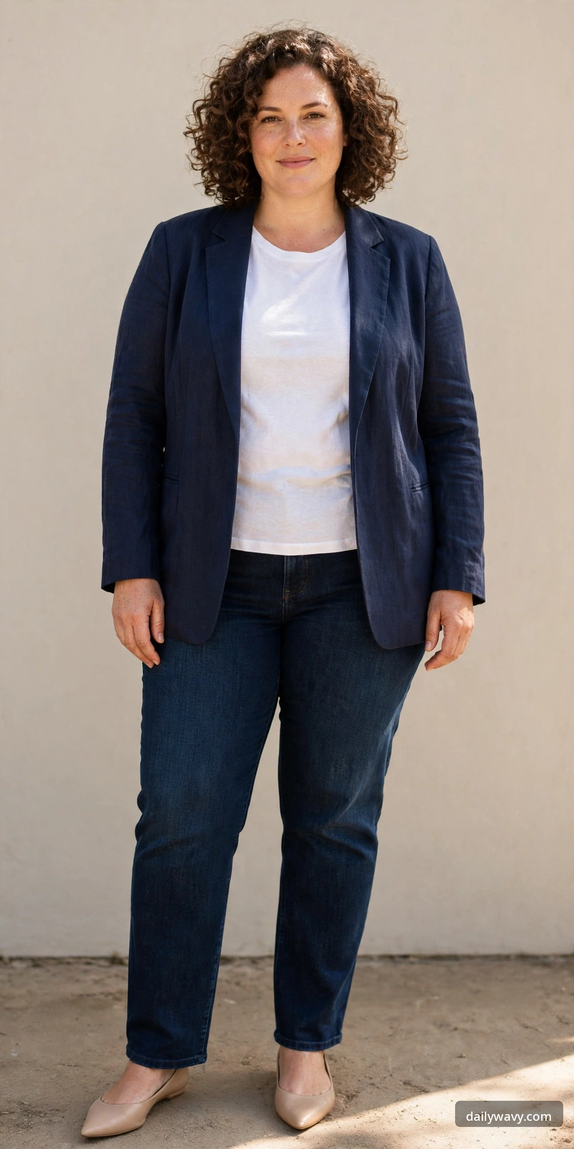 Plus-size woman wearing a navy blazer with dark jeans and pointed flats