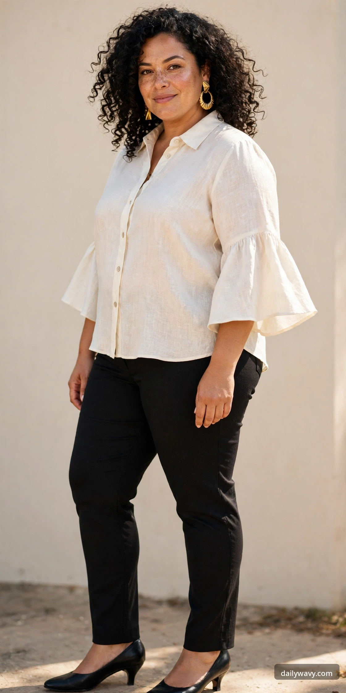 Plus-size woman wearing an ivory statement-sleeve blouse with black cigarette pants