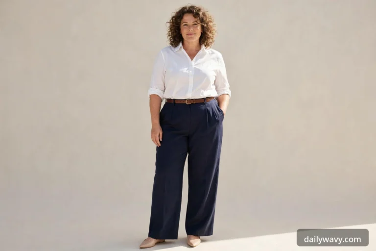 Plus-size woman in a business casual outfit shown in a complete styled office scene