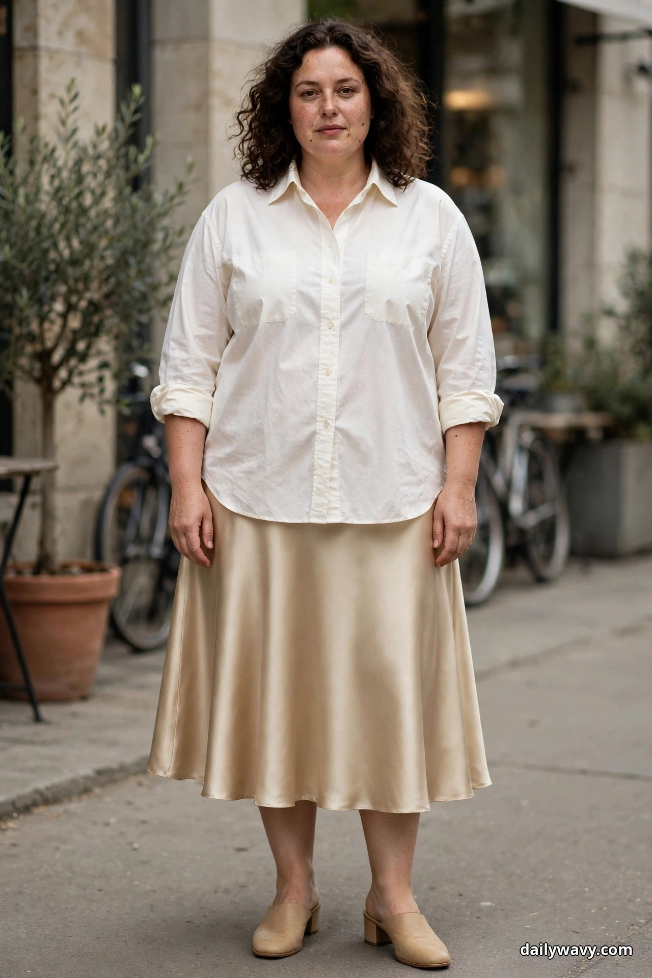 A woman stands full length on a city sidewalk wearing an ivory button-up shirt with two chest pockets and rolled sleeves over a champagne satin A-line midi skirt, with tan block-heel mules