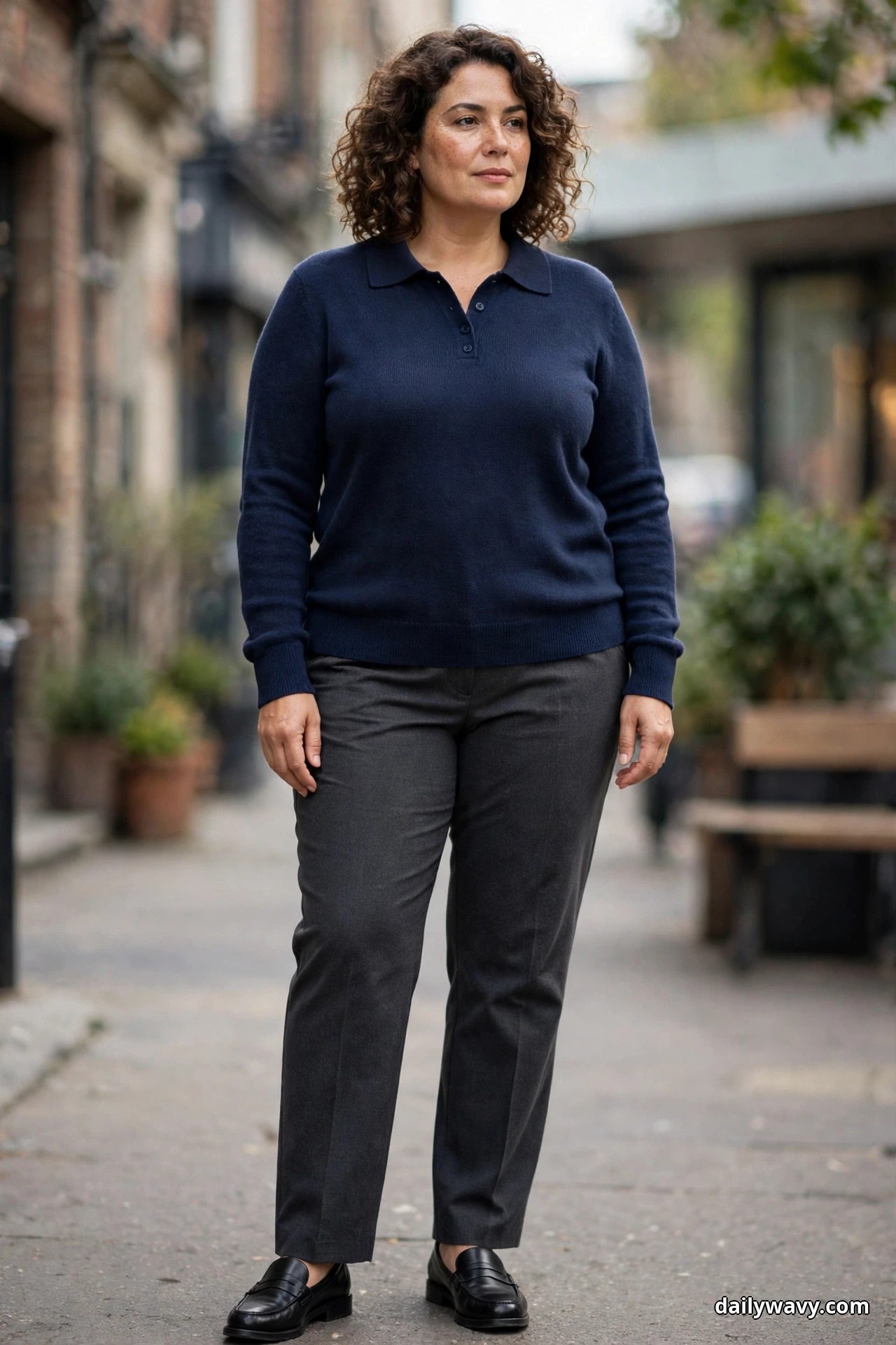 A woman stands full length on a quiet street wearing a navy collared knit polo sweater with charcoal straight-leg trousers and black loafers