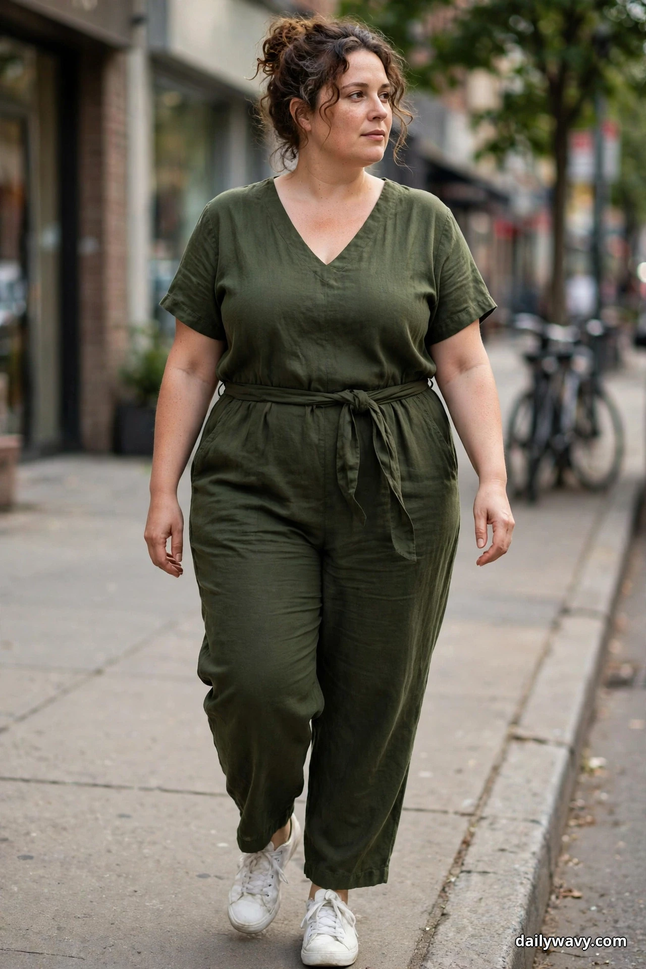 A woman walks along a city sidewalk wearing an olive-green V-neck jumpsuit with a self-tie waist and short sleeves, with white sneakers
