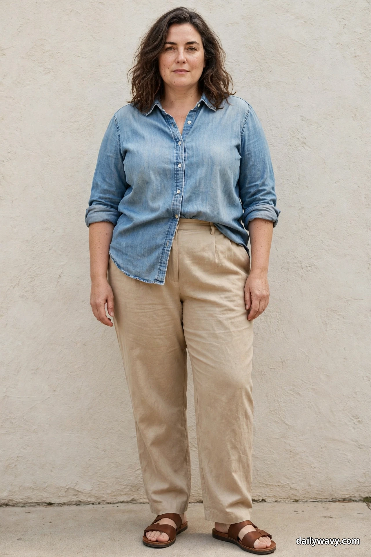 A woman stands full length against a plain stucco wall wearing a light blue chambray shirt half-tucked into sand full-length relaxed trousers, with brown leather slide sandals