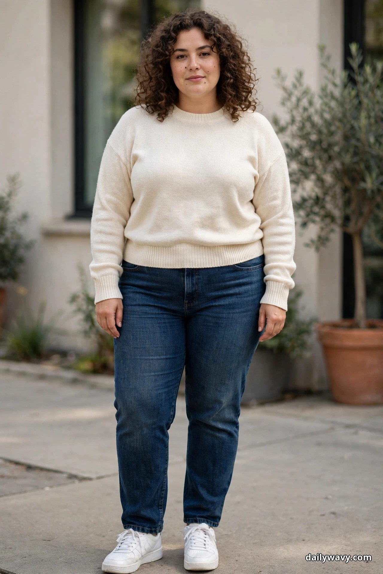 A woman stands full length outdoors wearing a cream crewneck sweater with dark-rinse straight-leg jeans and white sneakers