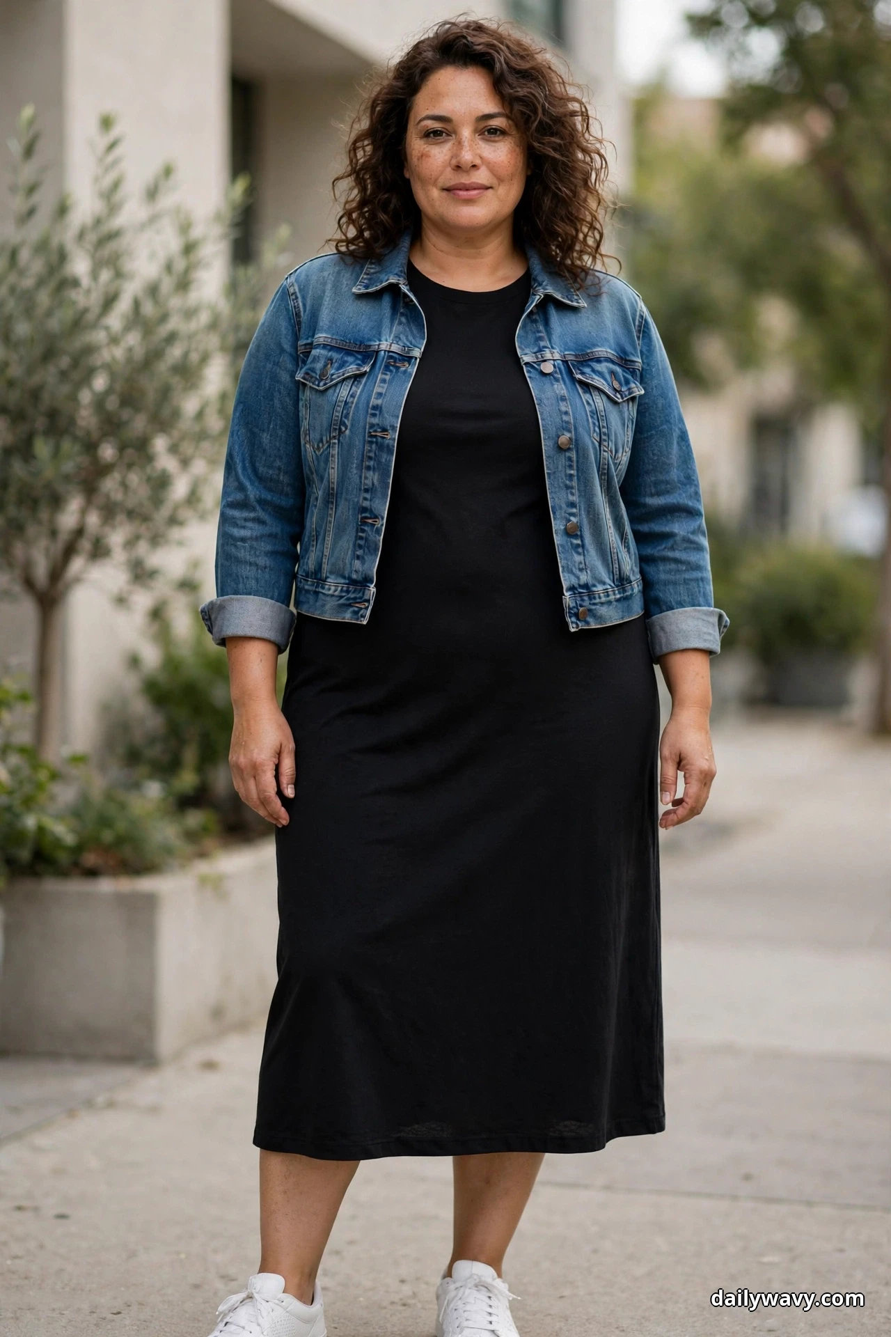 A woman stands full length outdoors wearing a plain black midi dress under a cropped blue denim jacket that ends at her waist, with white sneakers that sit at the very bottom edge of the frame