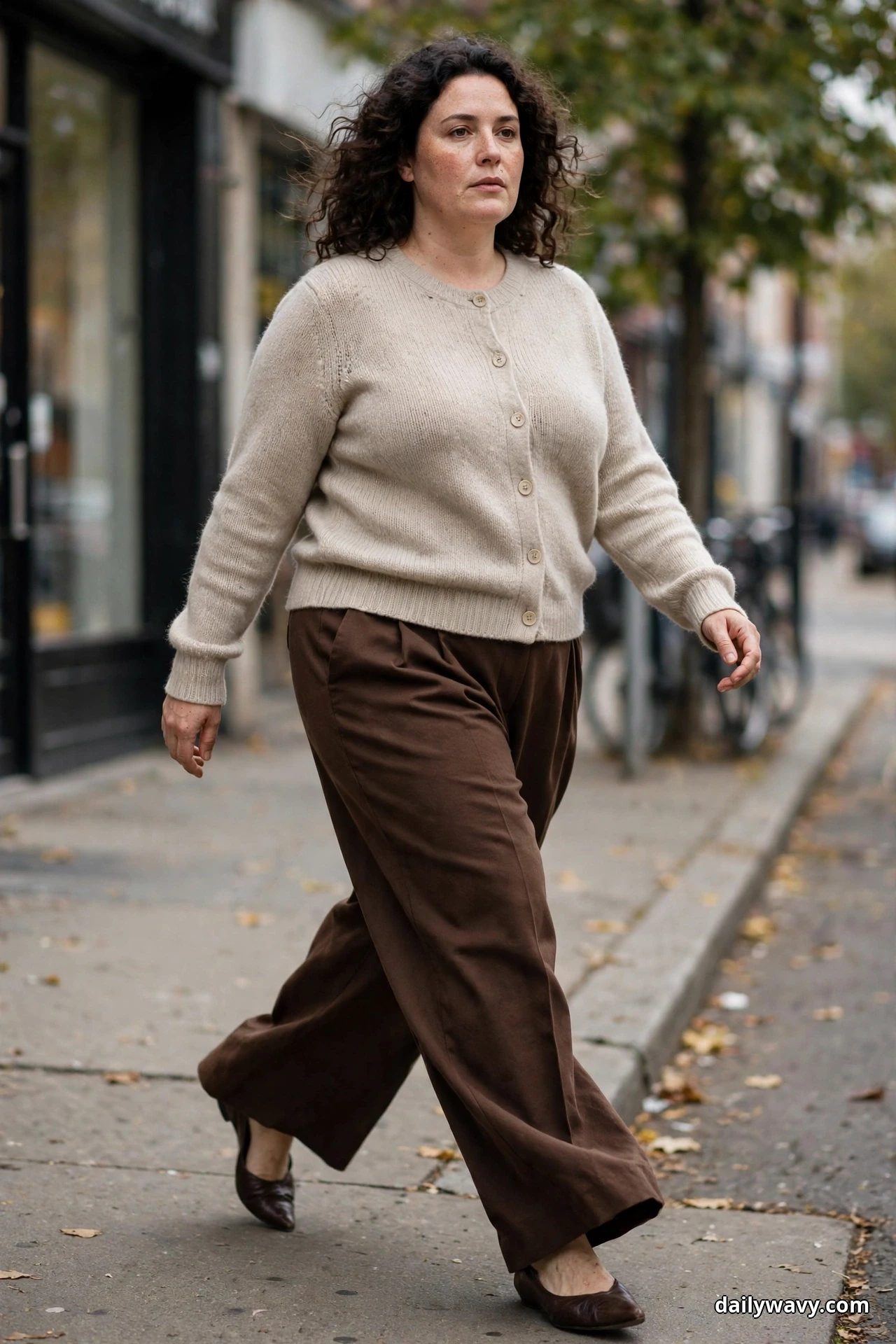 A woman walks along a city sidewalk wearing an oatmeal cardigan buttoned up as a top with chocolate-brown wide-leg trousers and dark brown pointed flats
