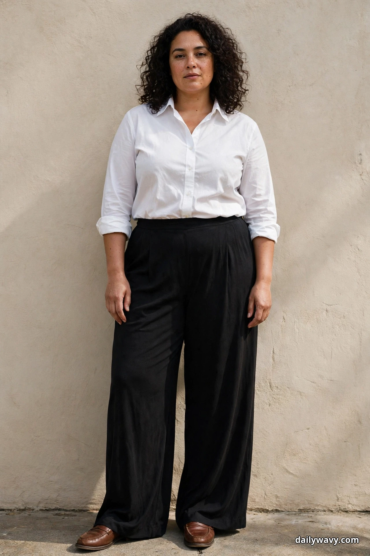 A woman stands full length against a plain wall wearing a white button-front shirt tucked into black pleated wide-leg trousers, with brown loafers