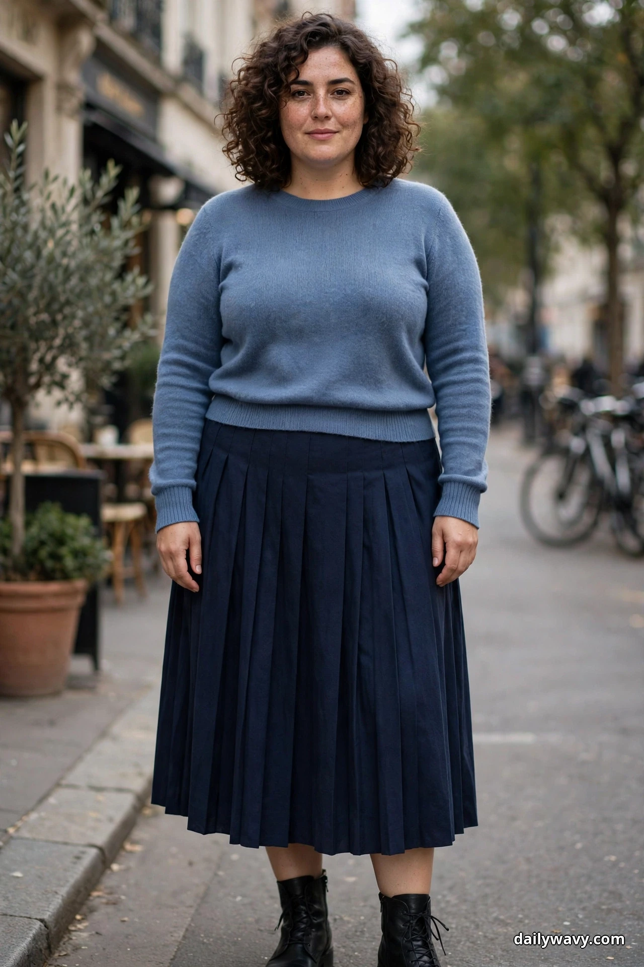 A woman stands full length on a city street wearing a dusty-blue fine-knit sweater over a navy pleated midi skirt, with black lace-up ankle boots